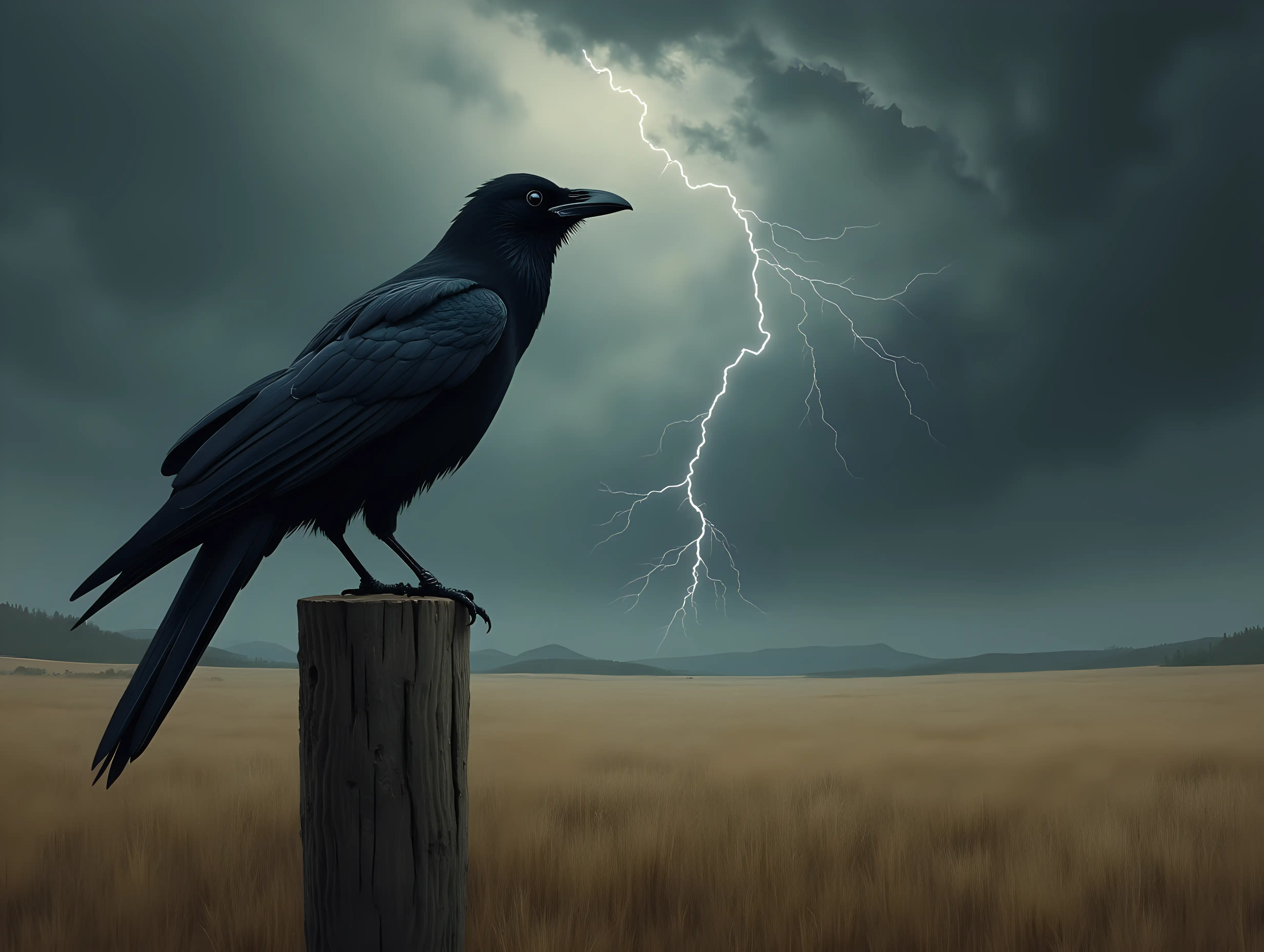 A dramatic scene featuring a single crow perched on a weathered wooden post in an open field, wind lifting its feathers as a storm brews in the background, dark clouds swirling above with a bolt of lightning in the distance, the crow poised and alert with one wing slightly lifted, painterly semi-realistic style with moody tones and strong light contrast, earthy textures and a feeling of quiet power