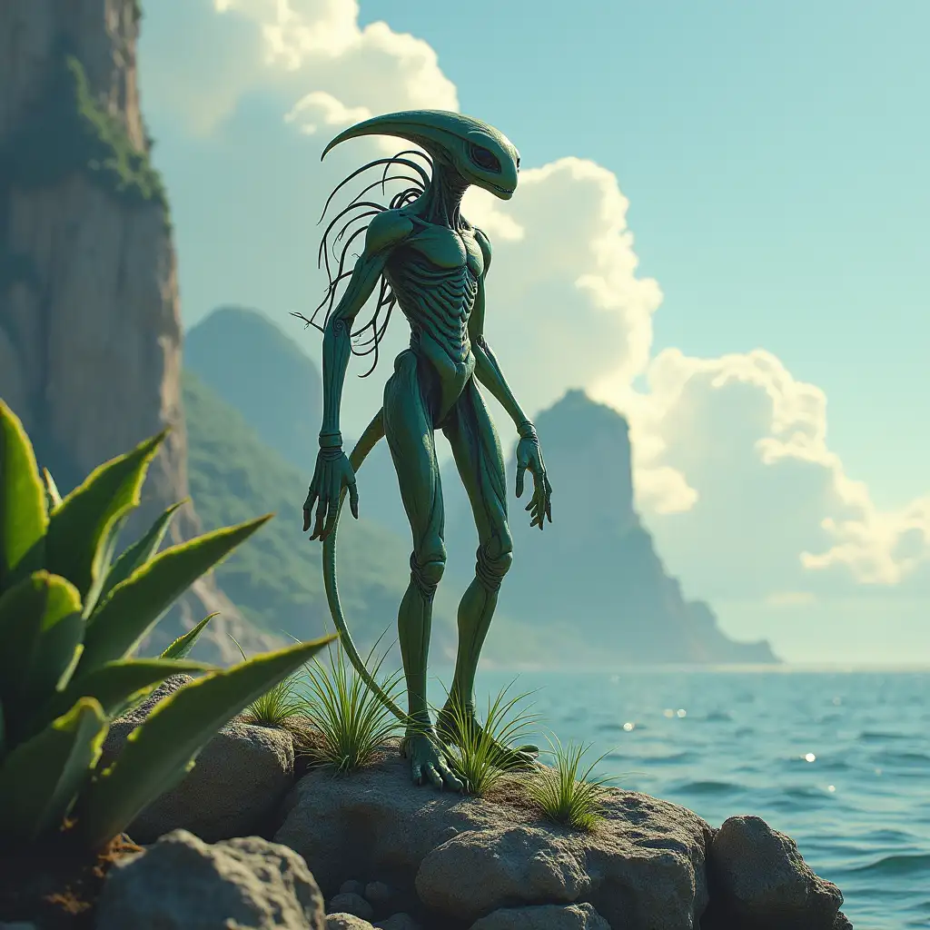 extraterrestrial creature 3 meters tall on a rock,large plants,water,clouds