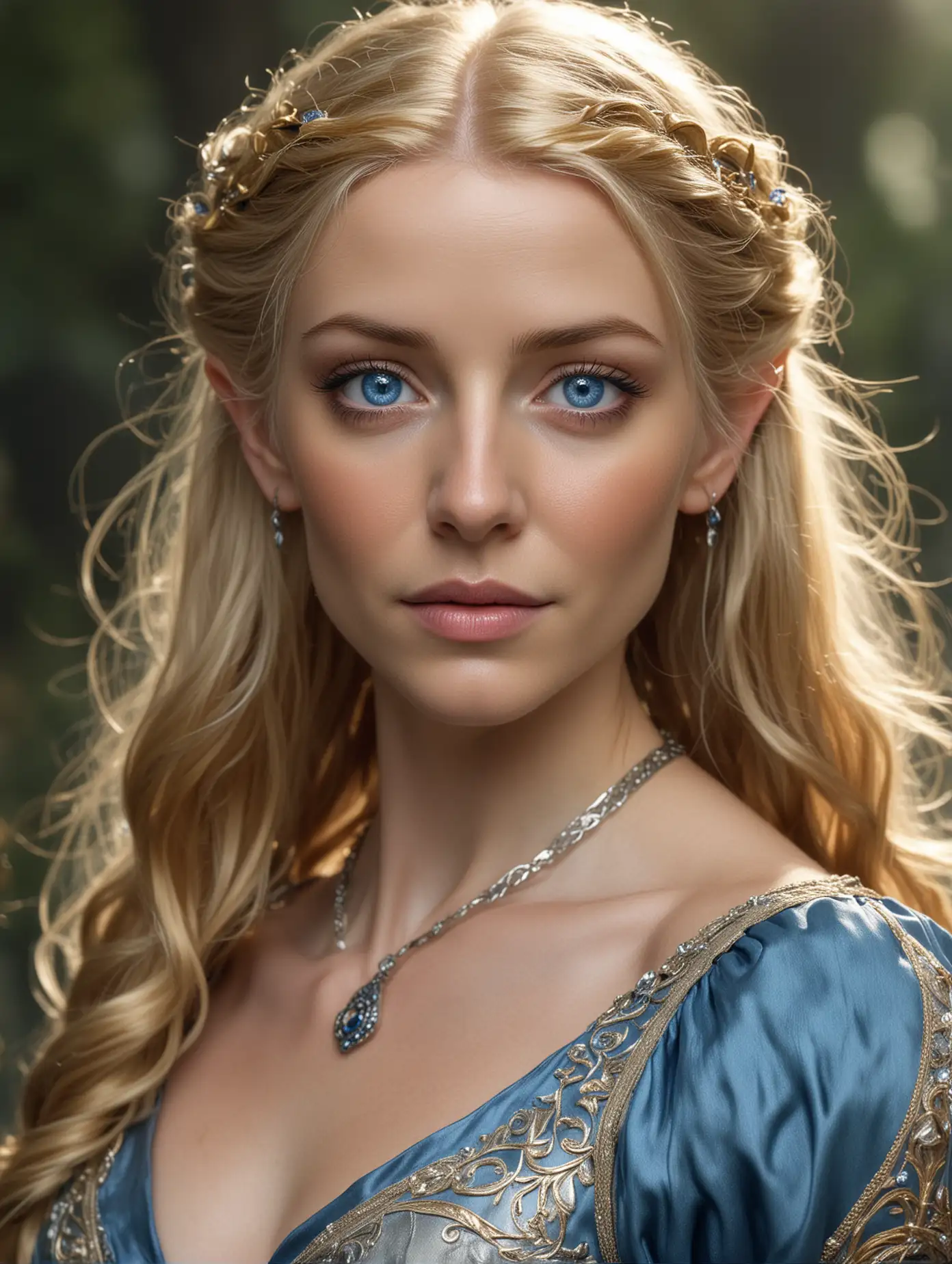 Elven Woman with Glowing Blue Eyes in Blue Dress