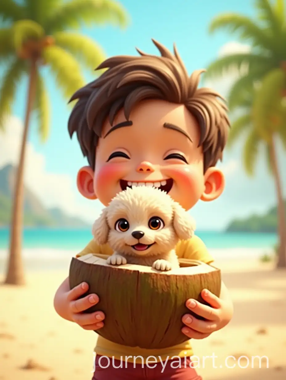Boy-Holding-Coconut-with-Toy-Poodle-on-a-Tropical-Beach