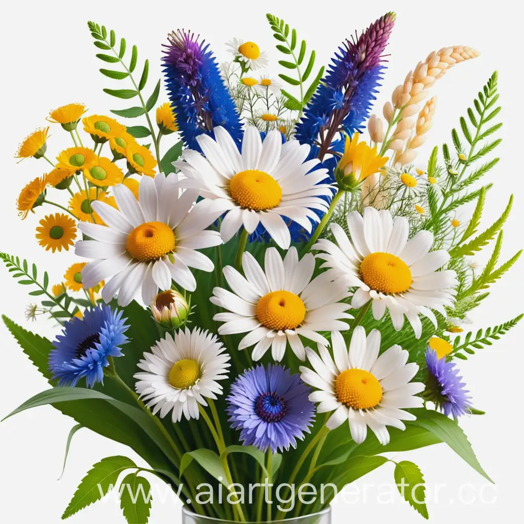 Colorful-Wildflower-Bouquet-with-Daisies-Cornflowers-and-Mimosa-on-White-Background