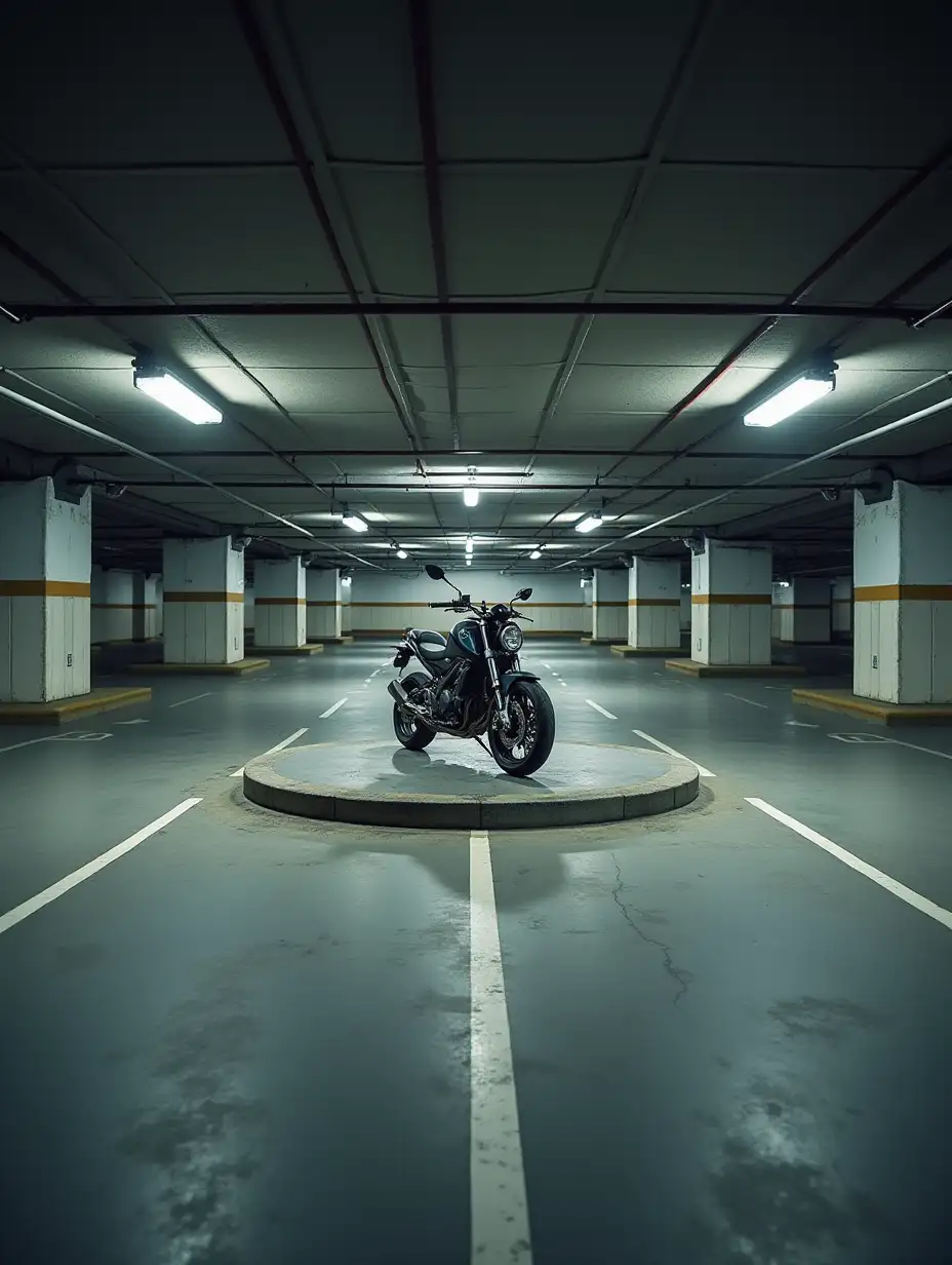 An empty underground parking lot with a motorcycle display platform in the middle, of course I don't want there to be motorcycles.