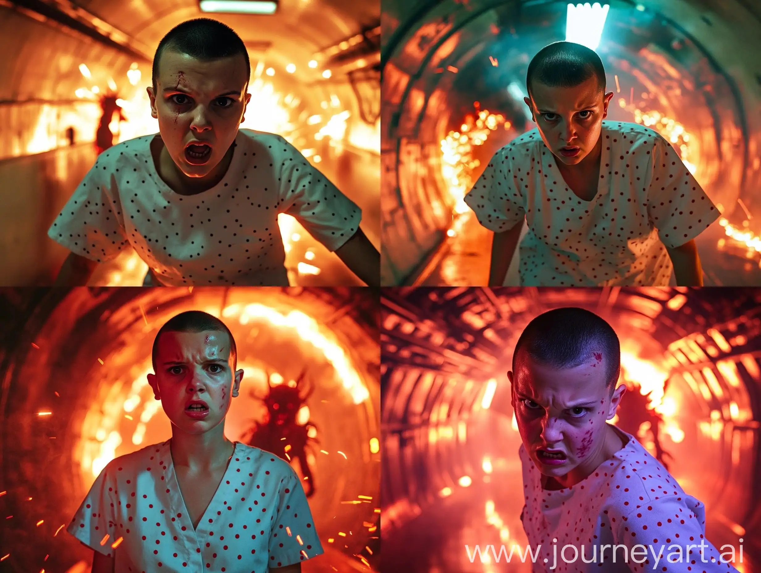 Angry-Woman-Resembling-Eleven-from-Stranger-Things-in-Tunnel-with-Red-Sparks-and-Creepy-Creature