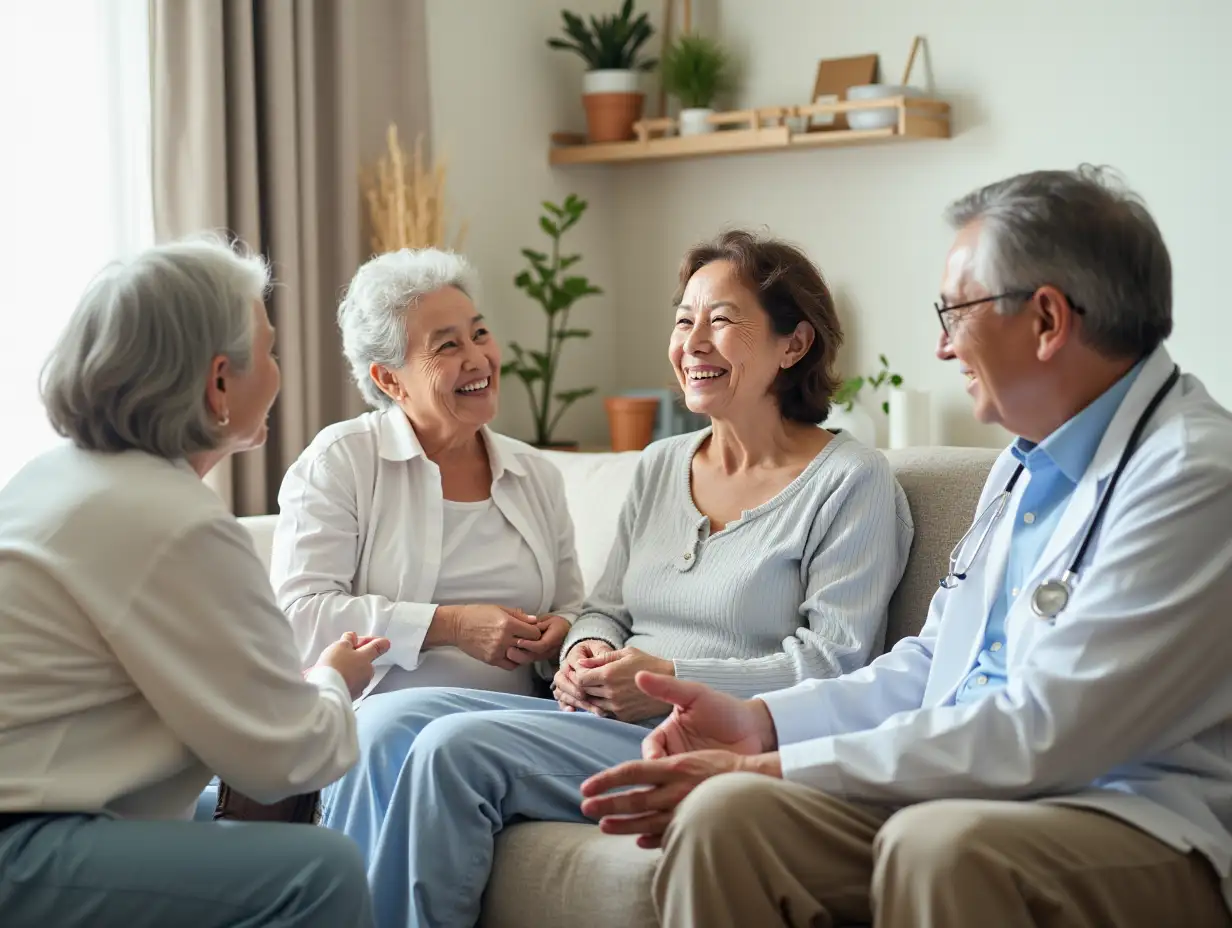 Elderly-Asian-Couple-Enjoying-Home-Health-Checkup-with-Doctors