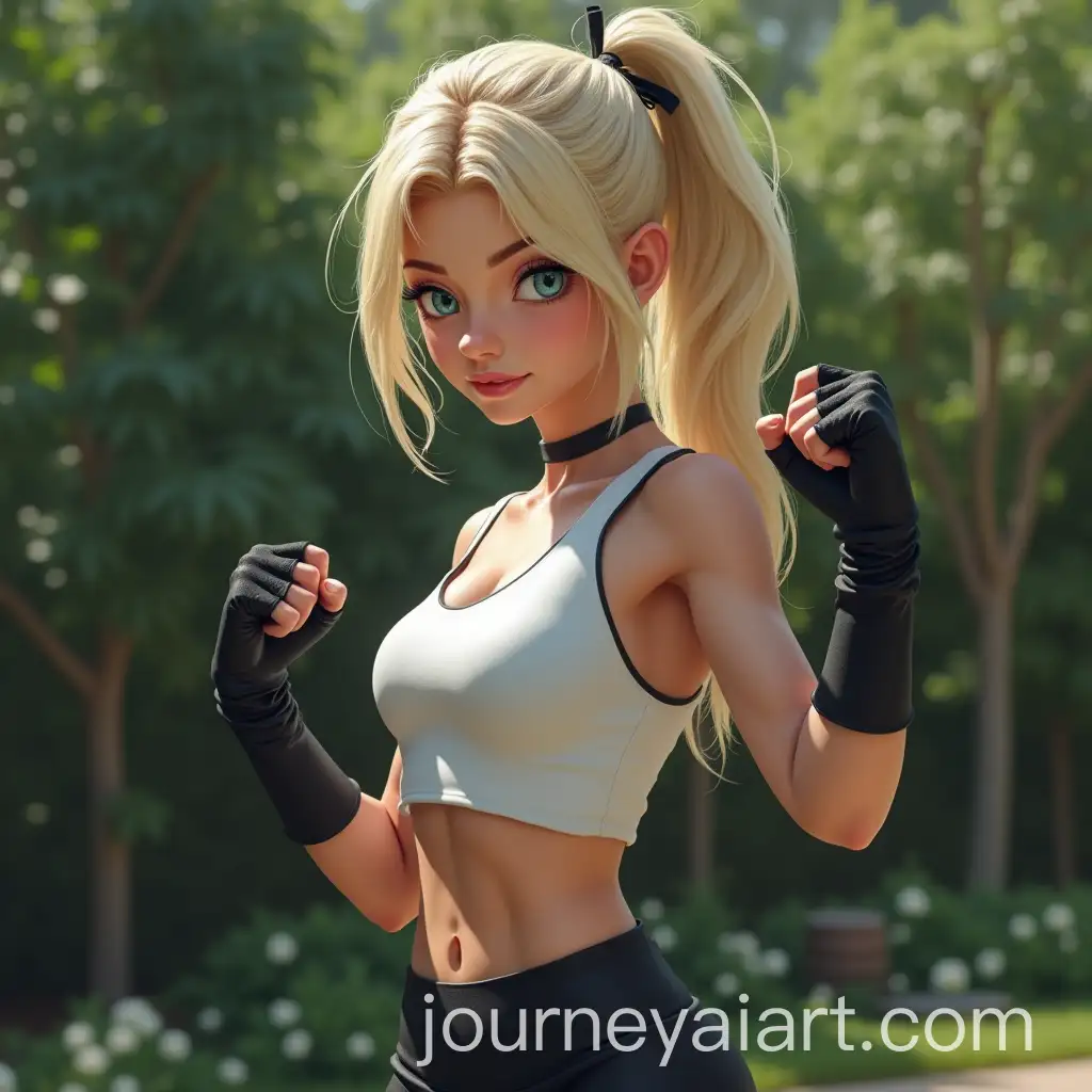 Blonde-Woman-in-Combat-Pose-in-Garden-with-Black-Outfit-and-Gloves