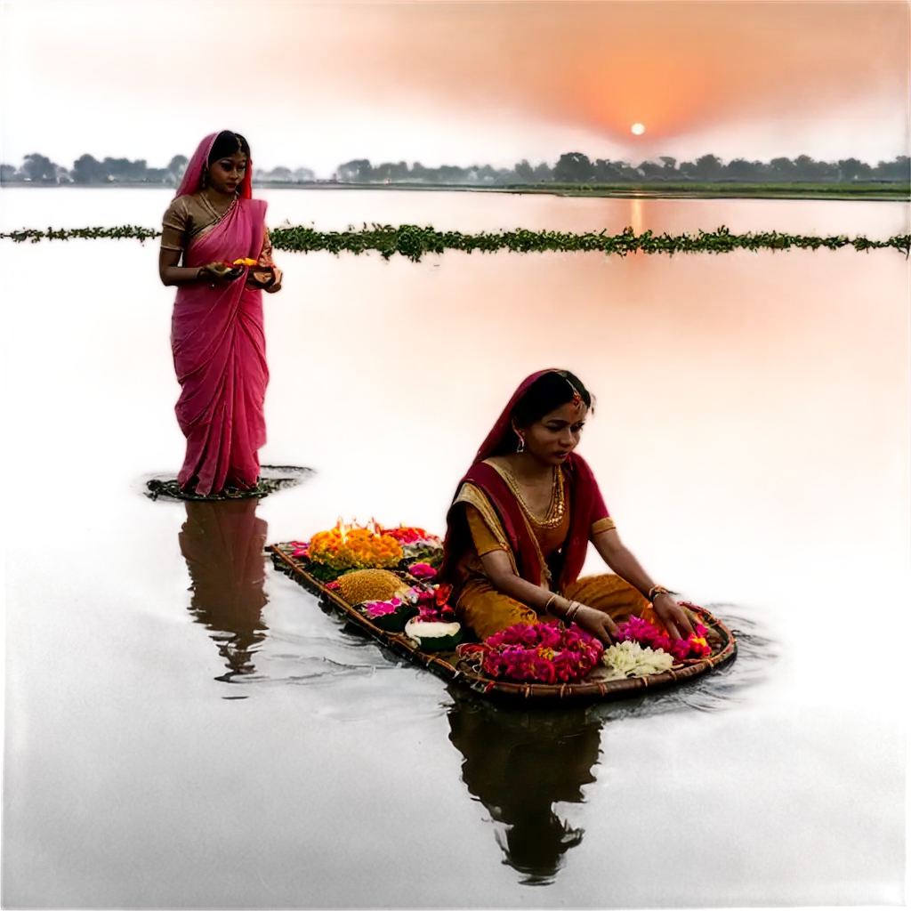 Chhath-Puja-Festival-PNG-Image-Traditional-Rituals-Vibrant-Sunset-and-Spiritual-Devotion