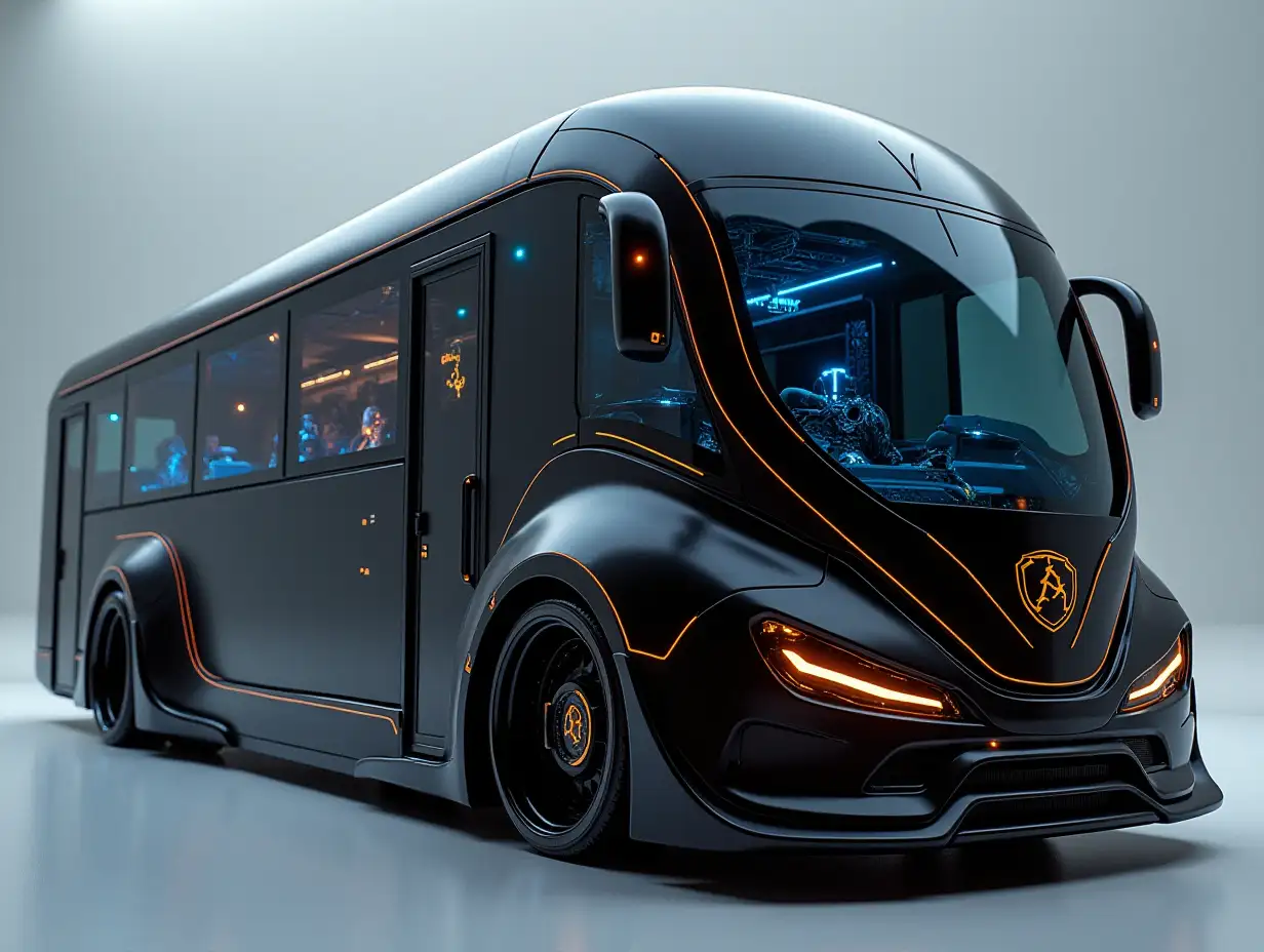 Supermodern utopian Sport Omnibus black sport version, with Death's head, lowered body, 18-inch wide rims, aluminum wheels, gold black lightning bolt blue with square ornaments Cyberpunk.