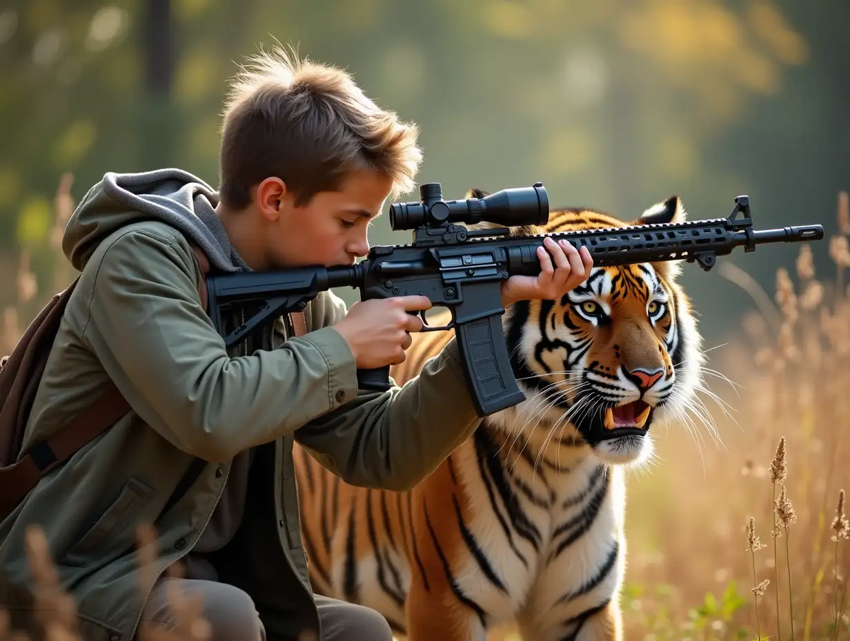 young man shooting the tiger with Rifle