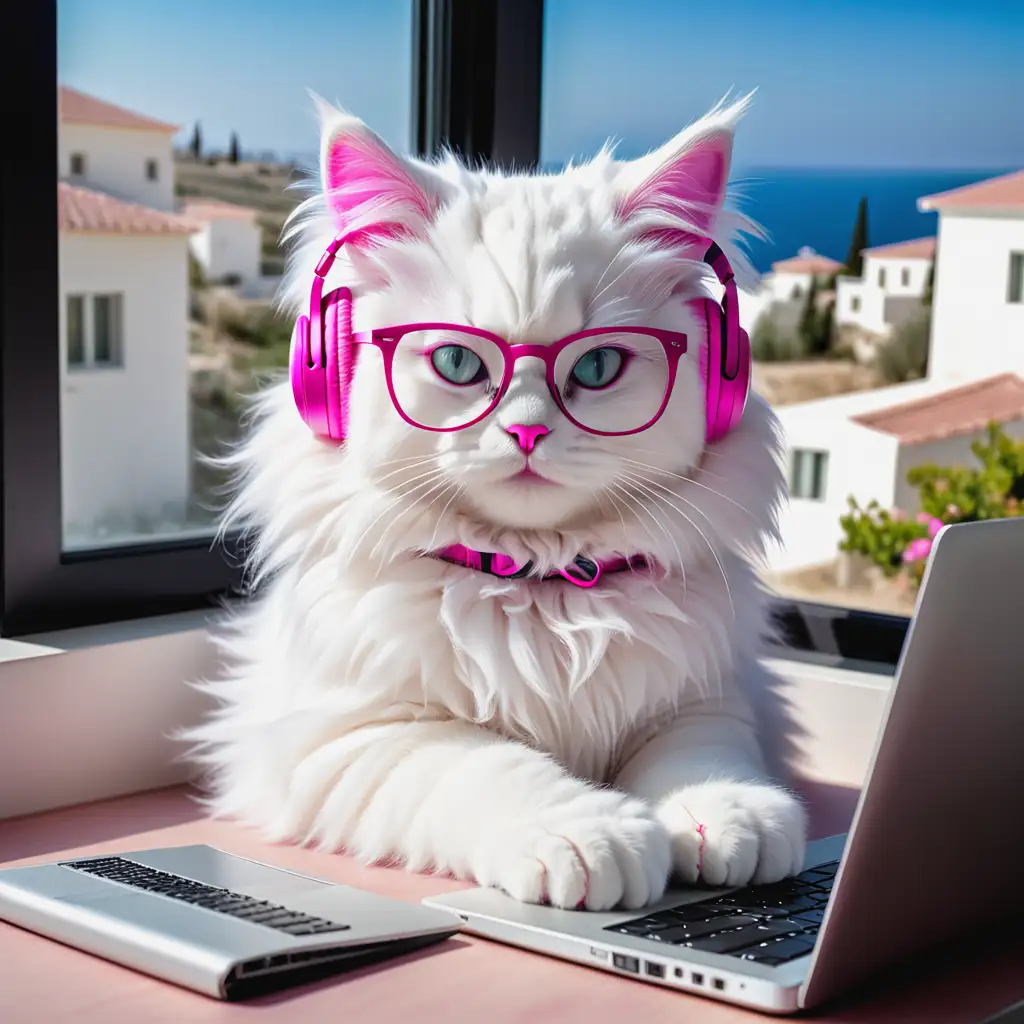 Draw a fluffy white cat with glasses working on a laptop with pink headphones on. Beautiful views of Cyprus are visible through the window.