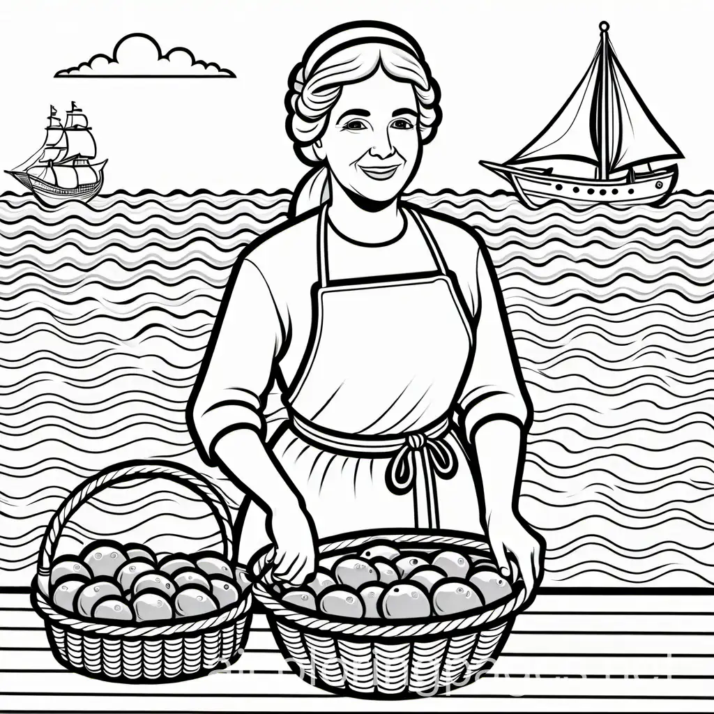 Coloring-Page-of-a-Virtuous-Woman-Arranging-Food-with-Nautical-Background