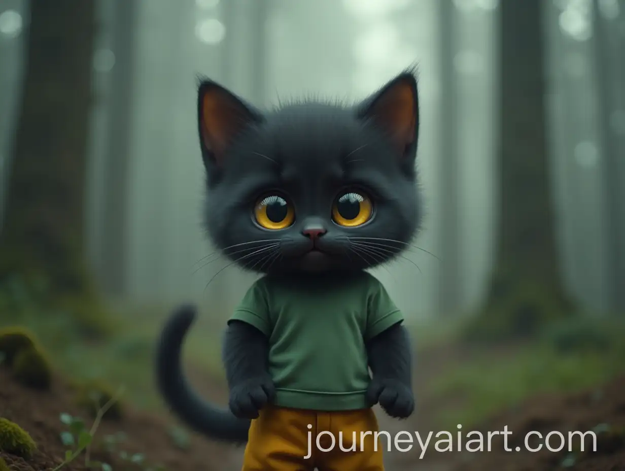 AI-Image-Prompt-ExpansionCute-Black-Kitten-in-Sage-Green-Shirt-Surprised-by-Sound-in-Foggy-Forest