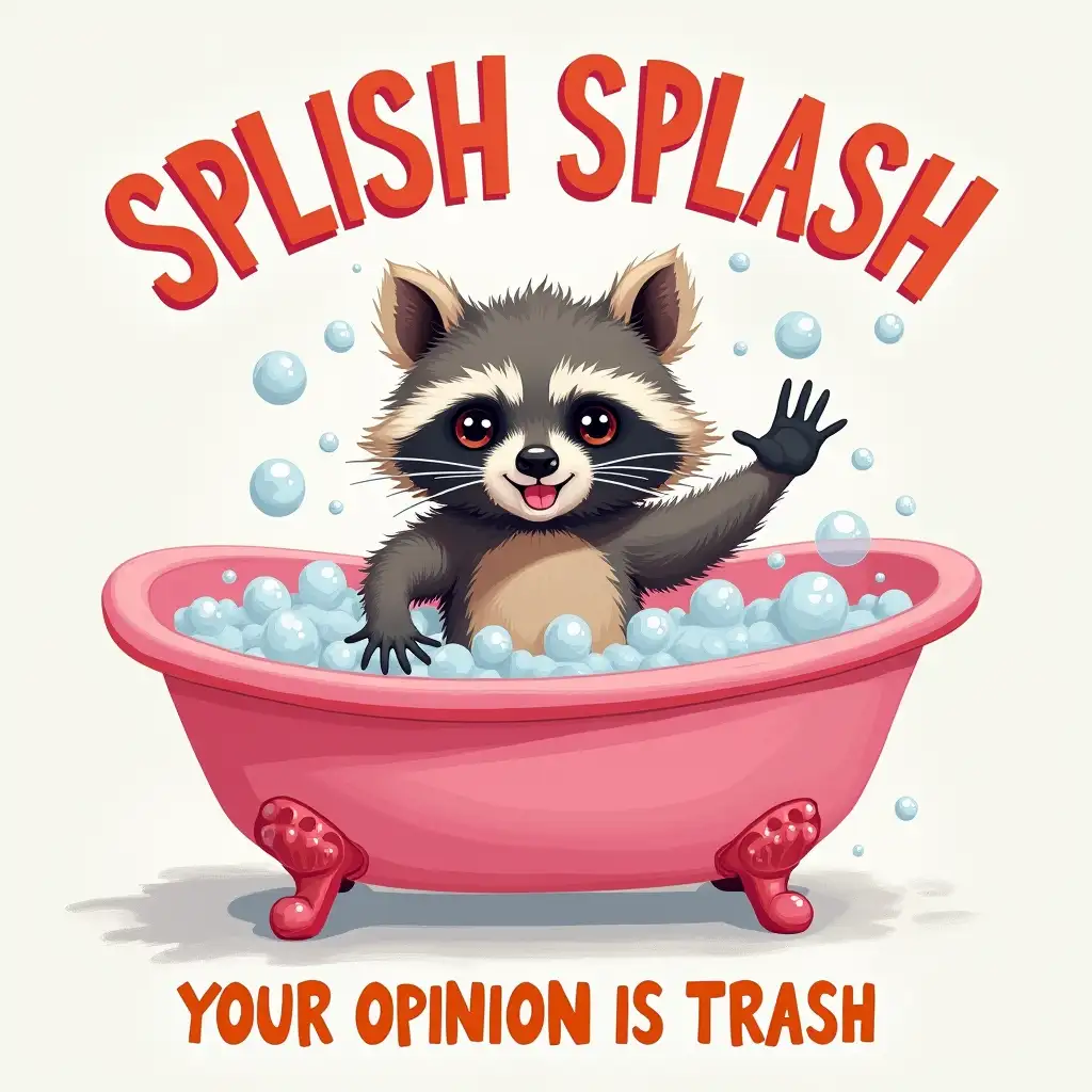 Oil painting. Create a whimsical and playful illustration featuring a raccoon in a pink bathtub filled with bubbles. The raccoon should look cute and mischievous, splashing water around. Include the bold text 'SPLISH SPLASH' at the top and 'YOUR OPINION IS TRASH' at the bottom in a fun, eye-catching font. Use vibrant colors to enhance the playful vibe of the image.