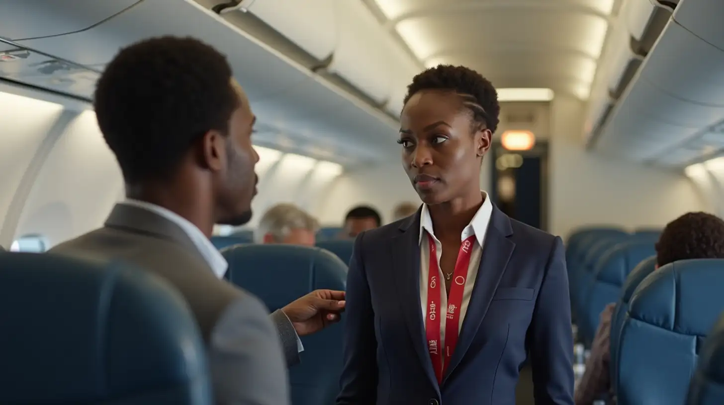 African Air Stewardess and Male Passenger in Airplane