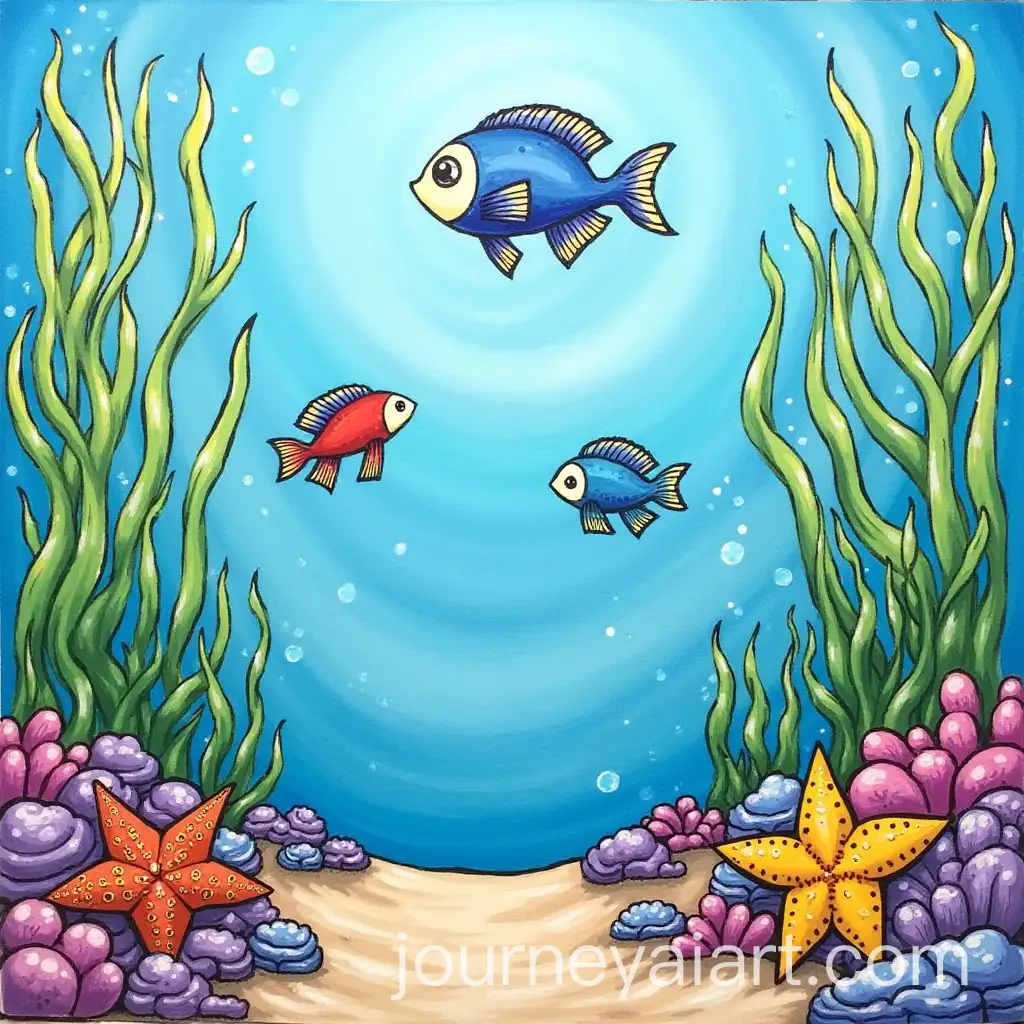 Vibrant-Ocean-Life-with-Seaweed-Fish-and-Starfish-Painting