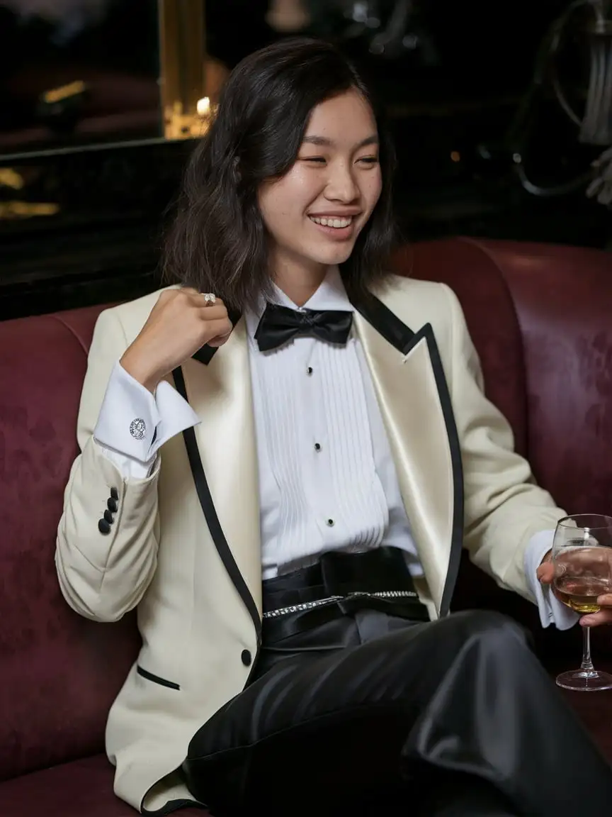 Smiling Chinese woman with shoulder length black hair wearing an unbuttoned ivory tuxedo with a black bow tie and a white shirt and double french cuffs with shiny silver cufflinks and a black cummerbund and black pants and black patent high heels is sitting on a burgundy couch.  One hand is holding a glass of wine.  The room is dimly lit.