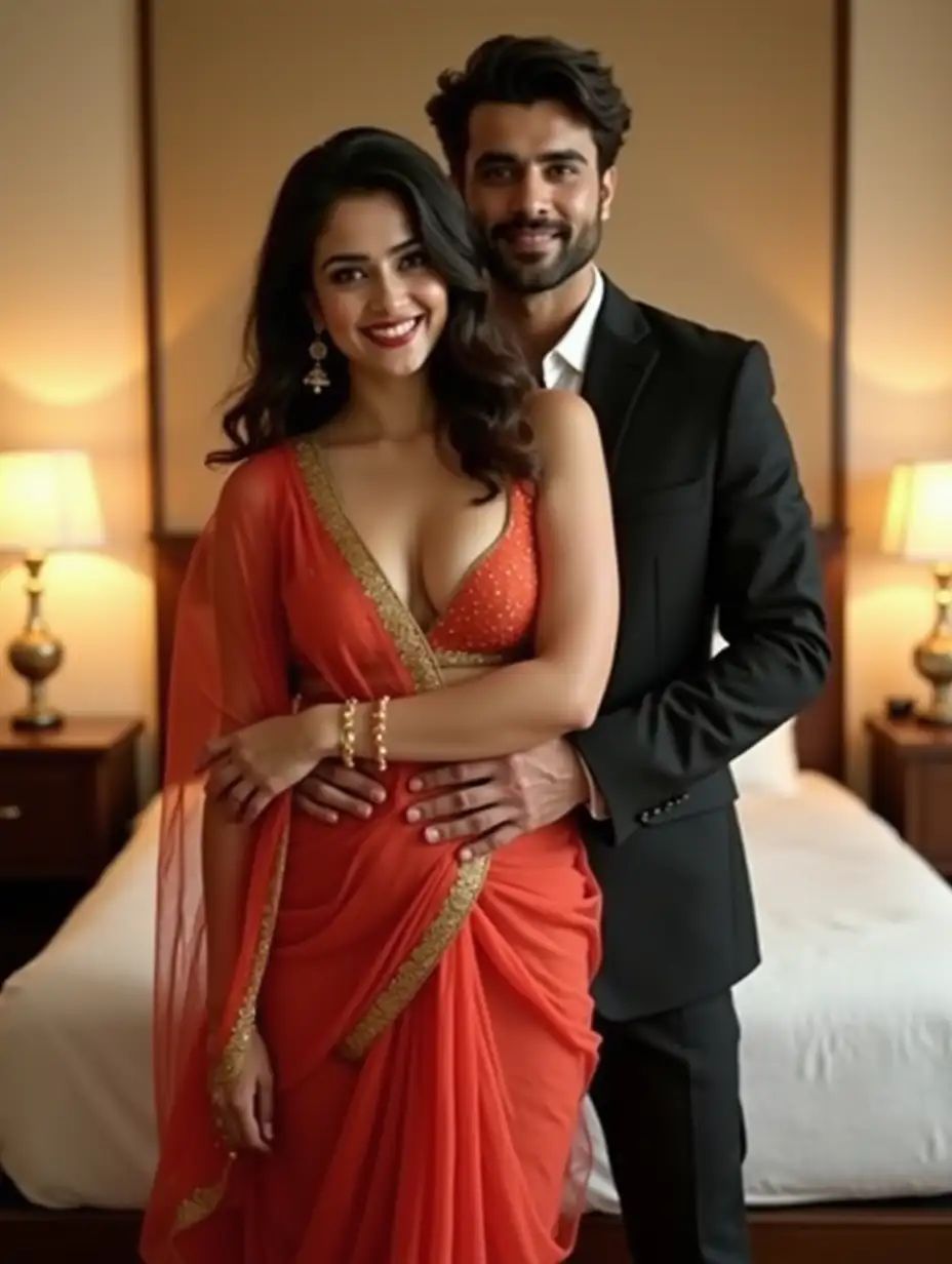 A stunning full-body Indian desi bhabhi standing in a romantic embrace, smiling warmly. She has a curvier figure with a cute, beautiful round face and is wearing a half saree of light red color. Saree is plain and of net material. She is wearing a sleeveless, deep v neck short blouse showing cleavage, navel, and waist. Bra has small cups enhancing the stylish modern western look. She has a fair, radiant white skin tone. She is a little fuller. She has open hairs, some hair coming on her cheek. The man is dressed in a well-fitted, stylish dark suit standing behind her and also has a fair and white skin tone. He is a little taller than her. Both looking straight at camera on front side. The background features a beautifully decorated bedroom with a white bedsheet enhancing the intimate and romantic atmosphere. Glowing skin they both have. Make 1080p resolution image. She has a beautiful figure and stunning looks. Girl face is attractive and cute and has red lips. Both looking at front.