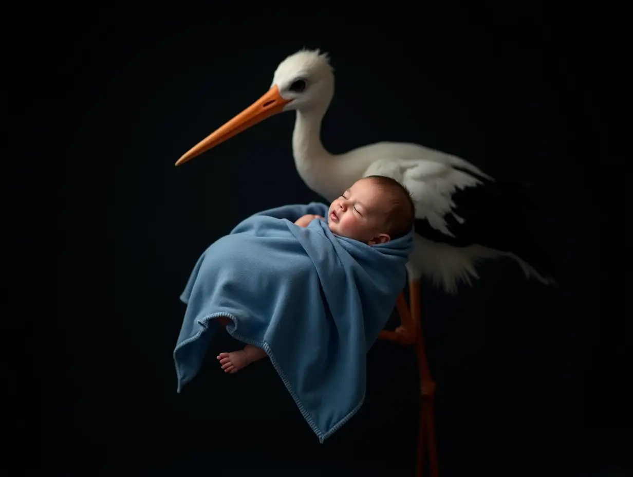 Fine art and low key portrait of extreme realism and very high definition of a stork holding a blue velvet handkerchief, formed into a package containing inside hanging and protected a newly born baby of extreme realism.Black background