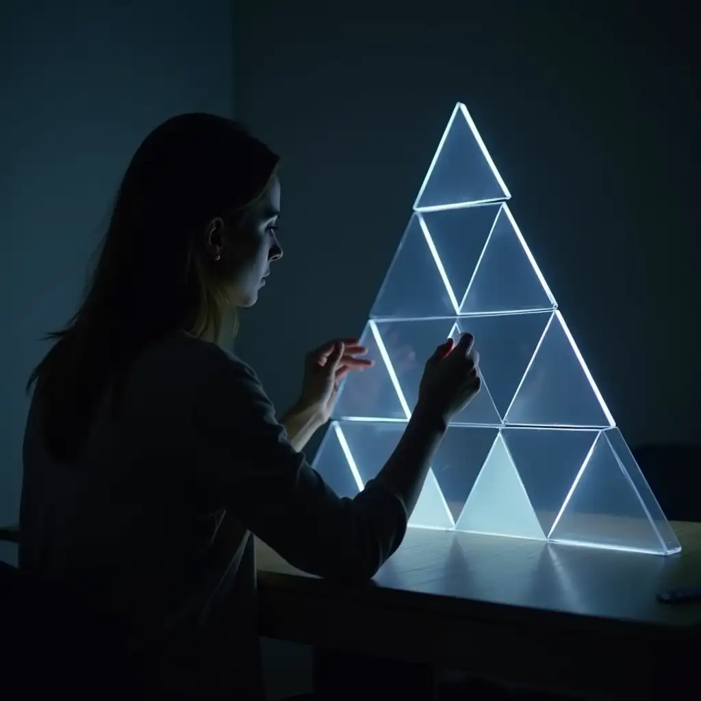 
"A cinematic shot of a woman from behind, seated at a minimalist wooden desk. Her silhouette is partially illuminated by soft, ambient light, with her head slightly tilted as she focuses intently on the floating translucent triangles in front of her. The triangles, semi-transparent and glowing with ethereal light, hover in the air, each with distinct, soft shadows that enhance their geometric beauty. The background is dark and minimal, with a gradient of soft blues and purples, creating a serene yet intellectually stimulating atmosphere.

1. Side-by-Side Formation: Triangles aligned neatly next to each other in perfect symmetry, casting elongated shadows that stretch across the surface below them.
2. Back-to-Back Formation: Triangles stacked in an inverted pyramid shape, their tips pointing opposite directions, creating a sense of depth and structure.
3. Scattered and Overlapping: Triangles scattered across the space, interlocking and overlapping at various angles, creating a fluid, organic pattern.
4. Circular Formation: Triangles arranged in a circular formation, radiating outward from a central point, each triangle glowing softly with bright edges.

The camera moves slowly around the woman, focusing on her hands as they gently adjust the positions of the triangles. Her posture is one of deep concentration, her body language suggesting a quiet, creative process. The glowing triangles shift and rotate slightly, creating an evolving composition, with each arrangement more intricate than the last. The lighting softly highlights her silhouette, ensuring the focus stays on the dynamic, beautiful patterns of the triangles, as her figure remains almost as a part of the background, immersed in the creative process."