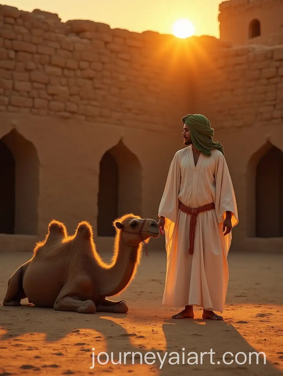 Prophet-Muhammad-Standing-in-Front-of-Mud-Brick-House-with-Camel-at-Sunset