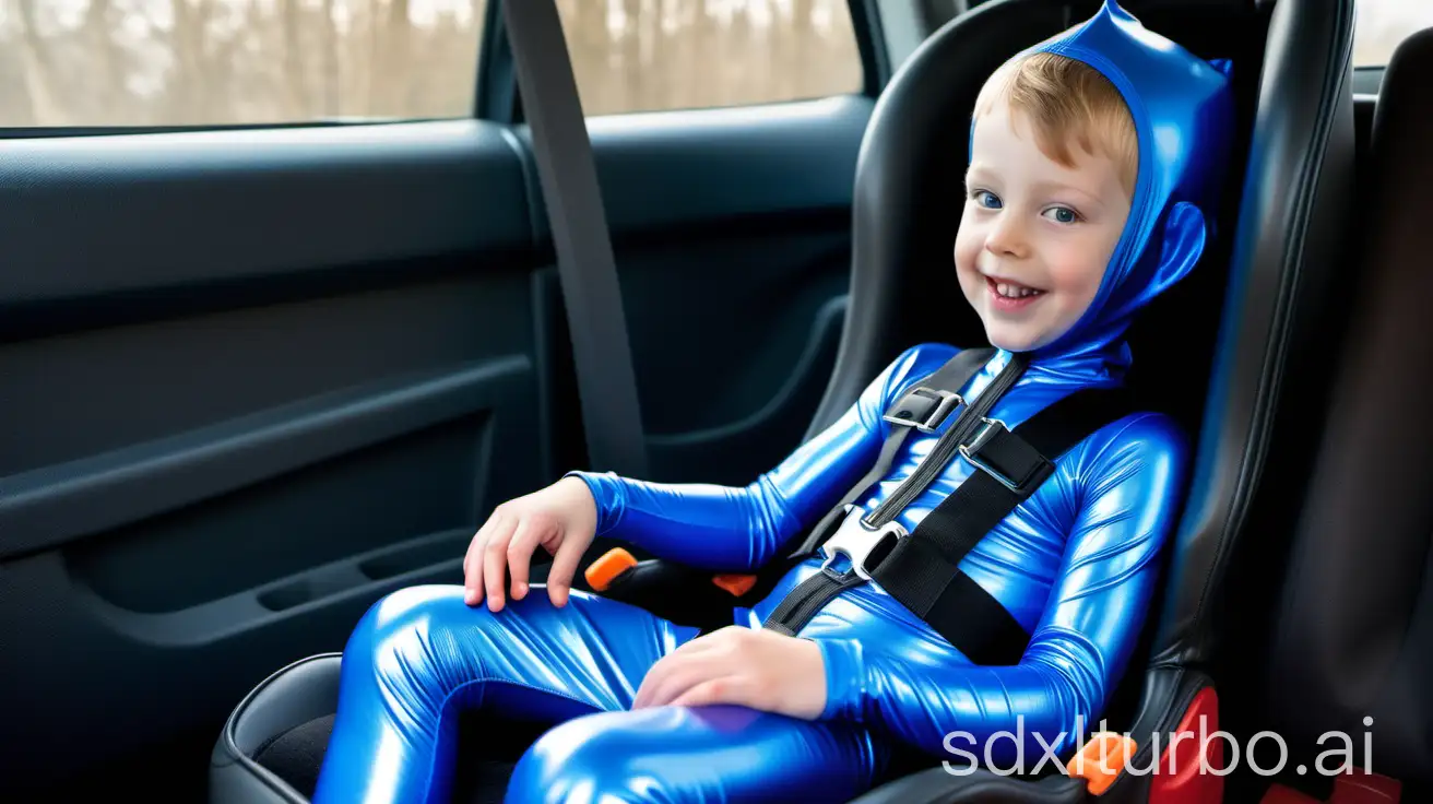 SevenYearOld-Boy-in-Shiny-Blue-Latex-Onesie-in-Car-Safety-Seat