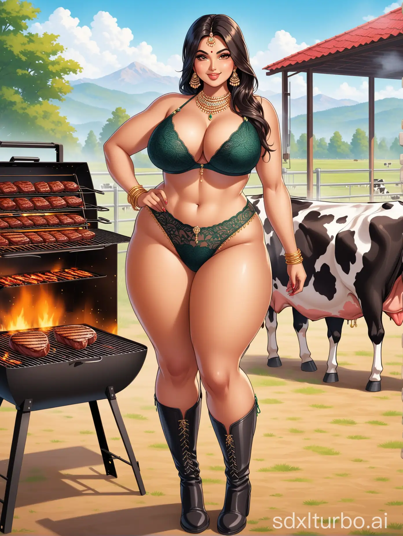 Curvy-Indian-Woman-Posing-by-Barbecue-Grill-with-Grazing-Cows-in-the-Background