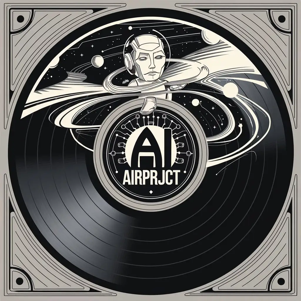 LOGO Design for AI AIrPRJCT Intricate Vinyl Record with AI Character in Cosmic Space