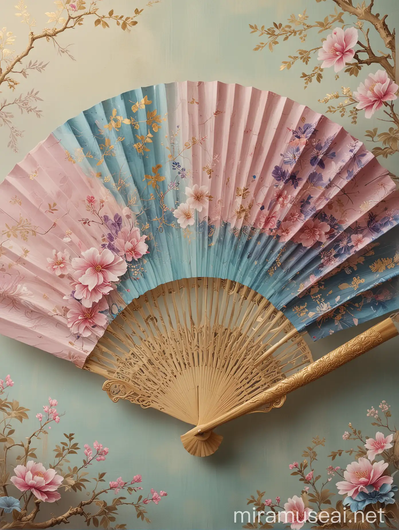 Elegant Chinese Folding Fan with Intricate Blue and Purple Patterns