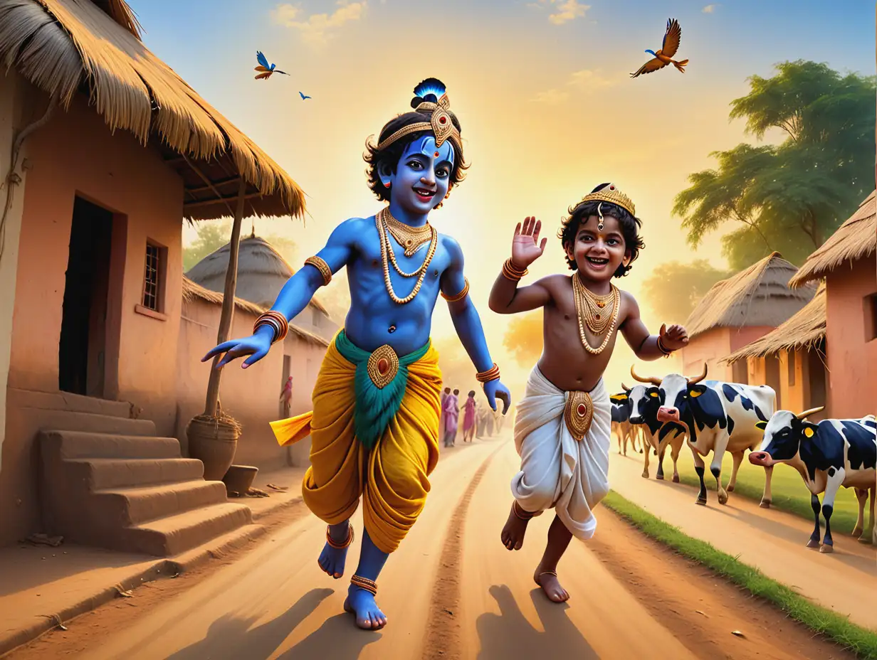 Young-Lord-Krishna-and-Balram-Playfully-Running-in-Vibrant-Indian-Village