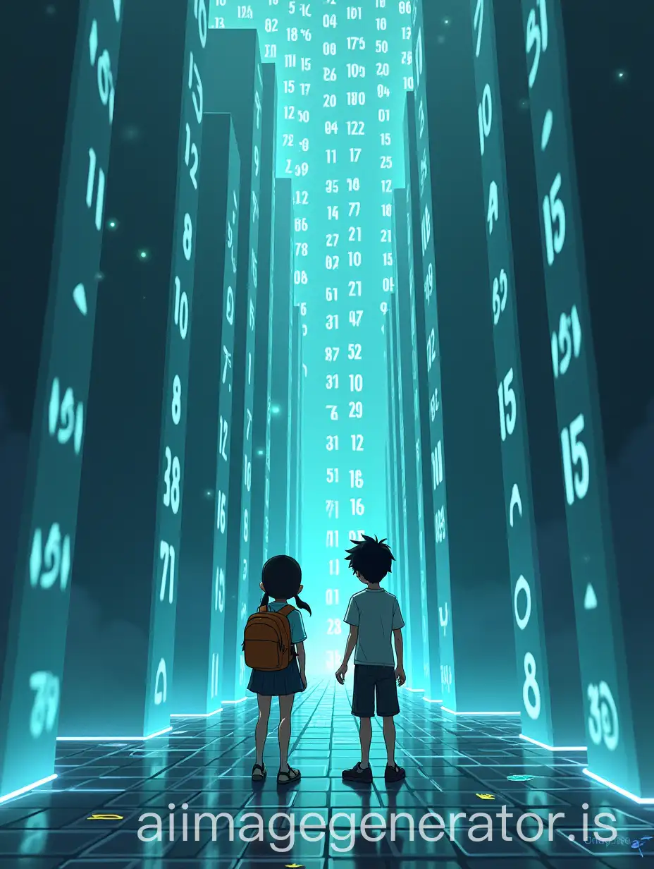 Kenji y Aiko are trapped in a maze of high changing-shaped walls. Each wall has giant moving and changing numbers on its surface. The walls of the maze are made of a geometric and translucent material with digital flickers (like holograms of numbers). Kenji (a curious boy with dark hair and glasses) and Aiko (a girl with pigtails and backpack) look puzzled and a bit nervous.