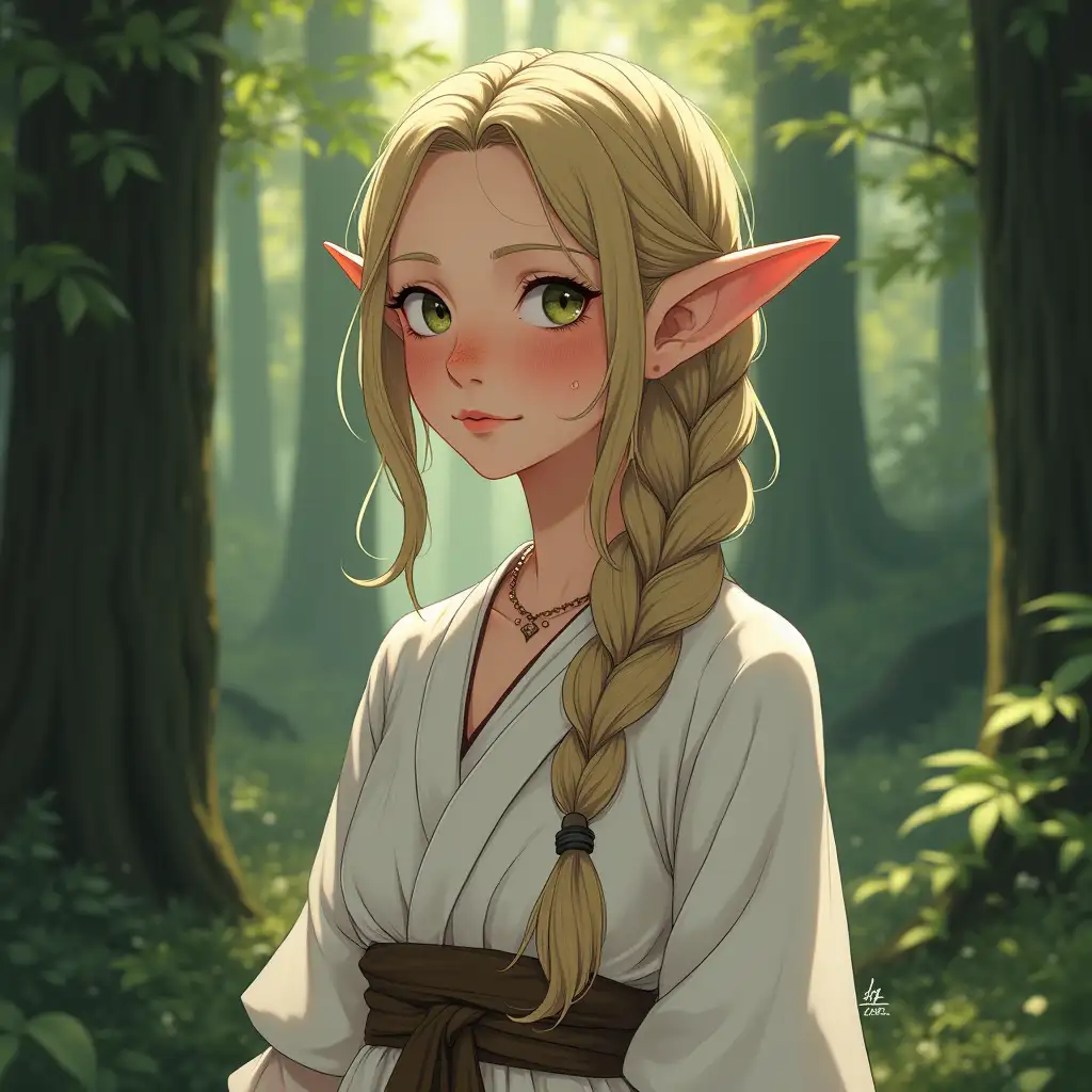 Elf girl, 30 years old, freckles, realistic anime style, pointed ears, long braid on her head, dressed in a white chiton, full-length, forest