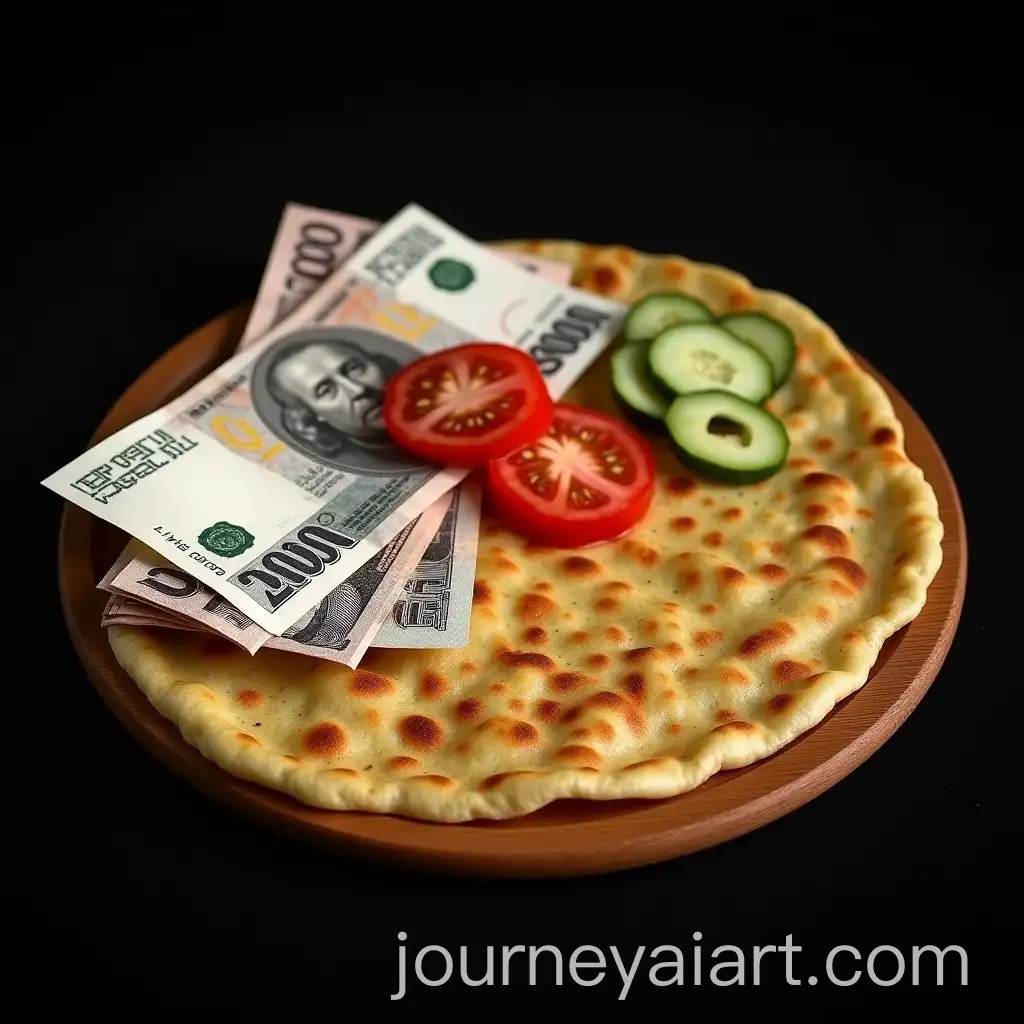 Mangal-with-Lavash-Fresh-Vegetables-and-Stack-of-Ruble-Bills-on-Black-Background