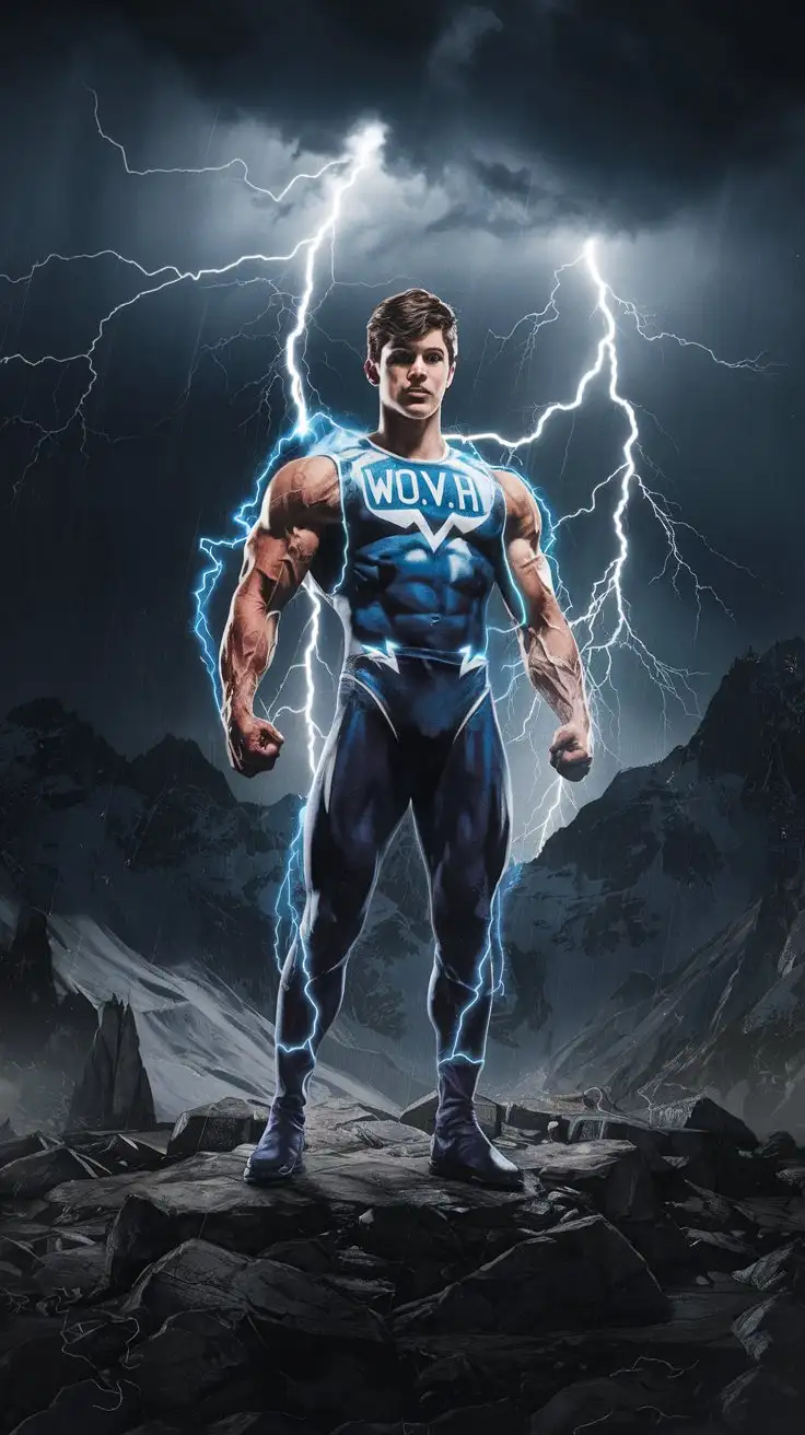 On a secluded mountain range. Supercharged brawn. Herculean powers. Blue electrical glow. 16-year-old musclegod bodybuilder superhero stands bellowing triumphantly in a lightning storm. Warrior of virtue. Hero of power. Man of destiny.