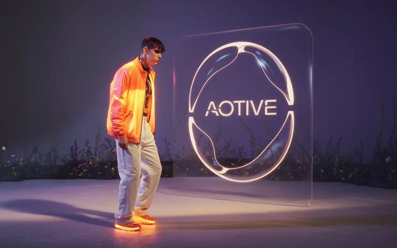 futuristic minimal logo show case of the word 'aotive' glowing futuristic glassy around, minimalistic graphic designed poster. casting a soft neon orange glow on features. The setting is a dark, empty studio with a subtle shadow on the ground from professional lighting. The background is nearly soft to dark purple with high contrast, allowing the glowing elements to stand out vividly. Slight light effect. neon orange transparency jacket, white pants, orange neon shoes. professional lighting on character, minimalistic tiny plants and flowers