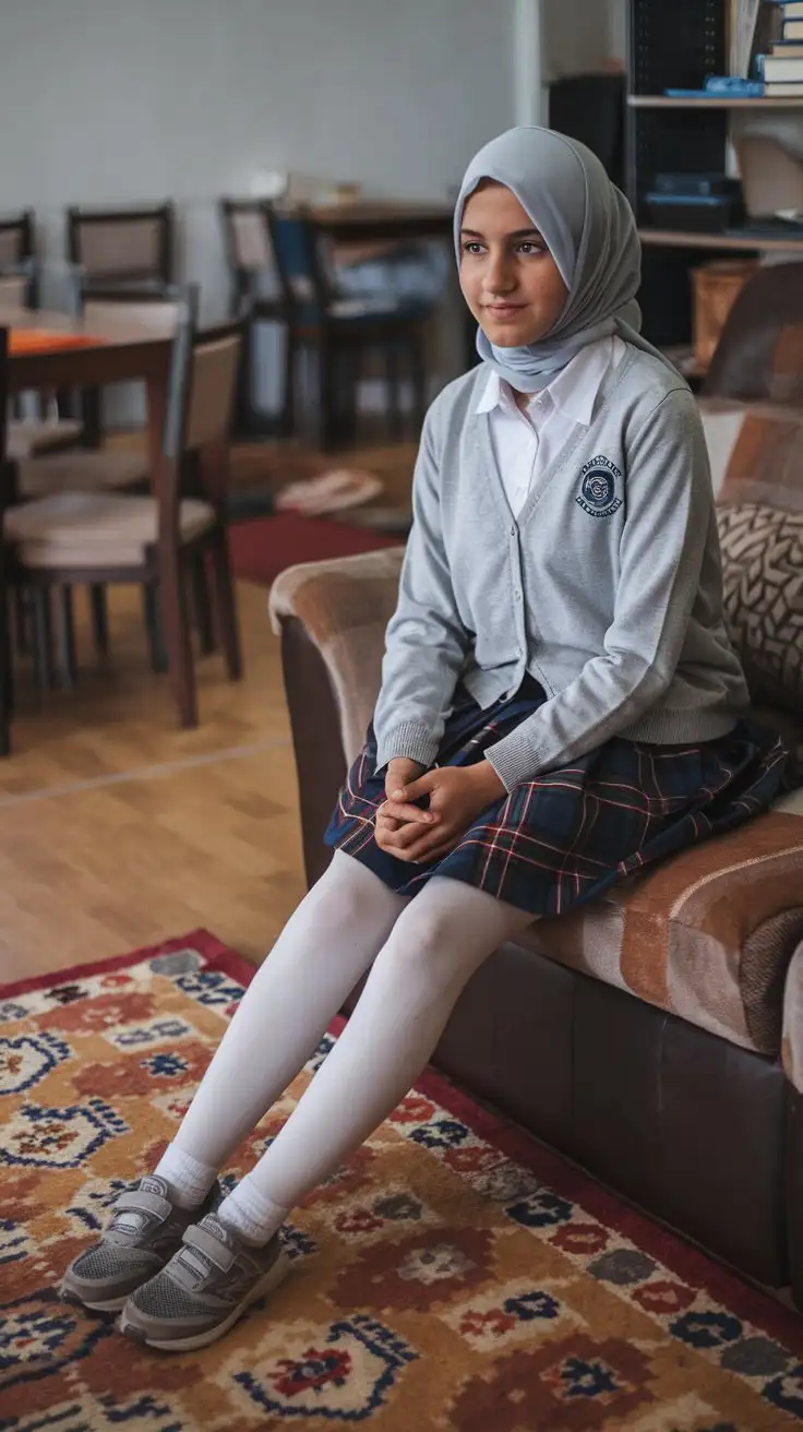 That's a photo of 14 years old  two turkish girls, likely a schoolgirl, rest on a sofa. She's wearing a school uniform that includes a skinny gray cardigan or sweater, a white collared shirt, hijab, plaid skirt, white tights, and small running shoes .