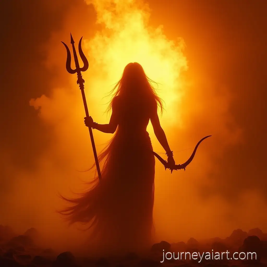 Epic-Cinematic-Digital-Painting-of-Hindu-Goddess-with-Trident-and-Bow-in-Fiery-Mythological-Scene