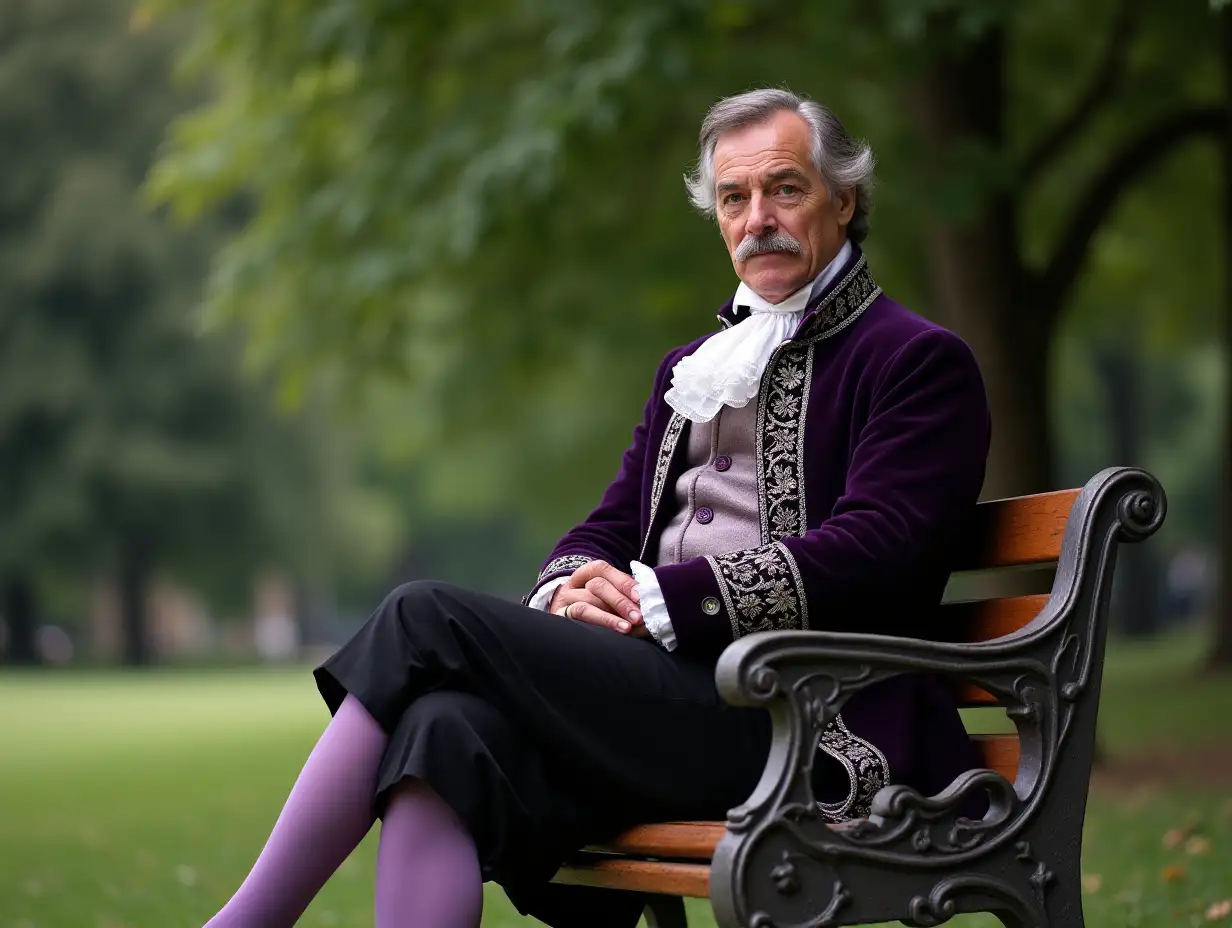 17th century, castle park, summer. A 60-year-old elegant nobleman is sitting on a bench. Short hair, salt and pepper, very thin mustache. Dark purple silver-trimmed coat, pale purple silver-embroidered waistcoat, ruffled shirt, black knee-length pants, pale purple stockings, black shoes with silver buckles.