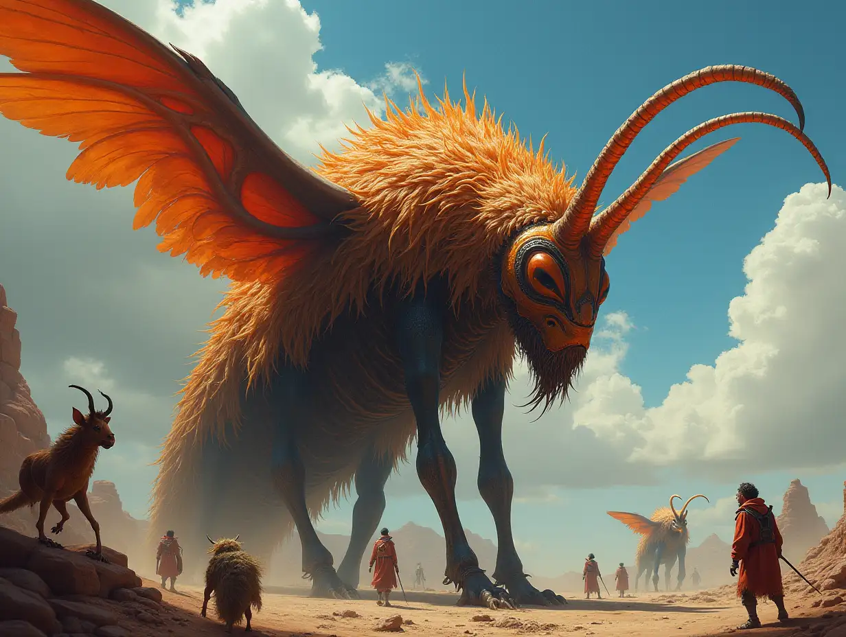 Ultradetailed hyperrealistic portrait of a giant titan with an ant head, full-body feathers in a place with various strange creatures with intricately detailed, colorful