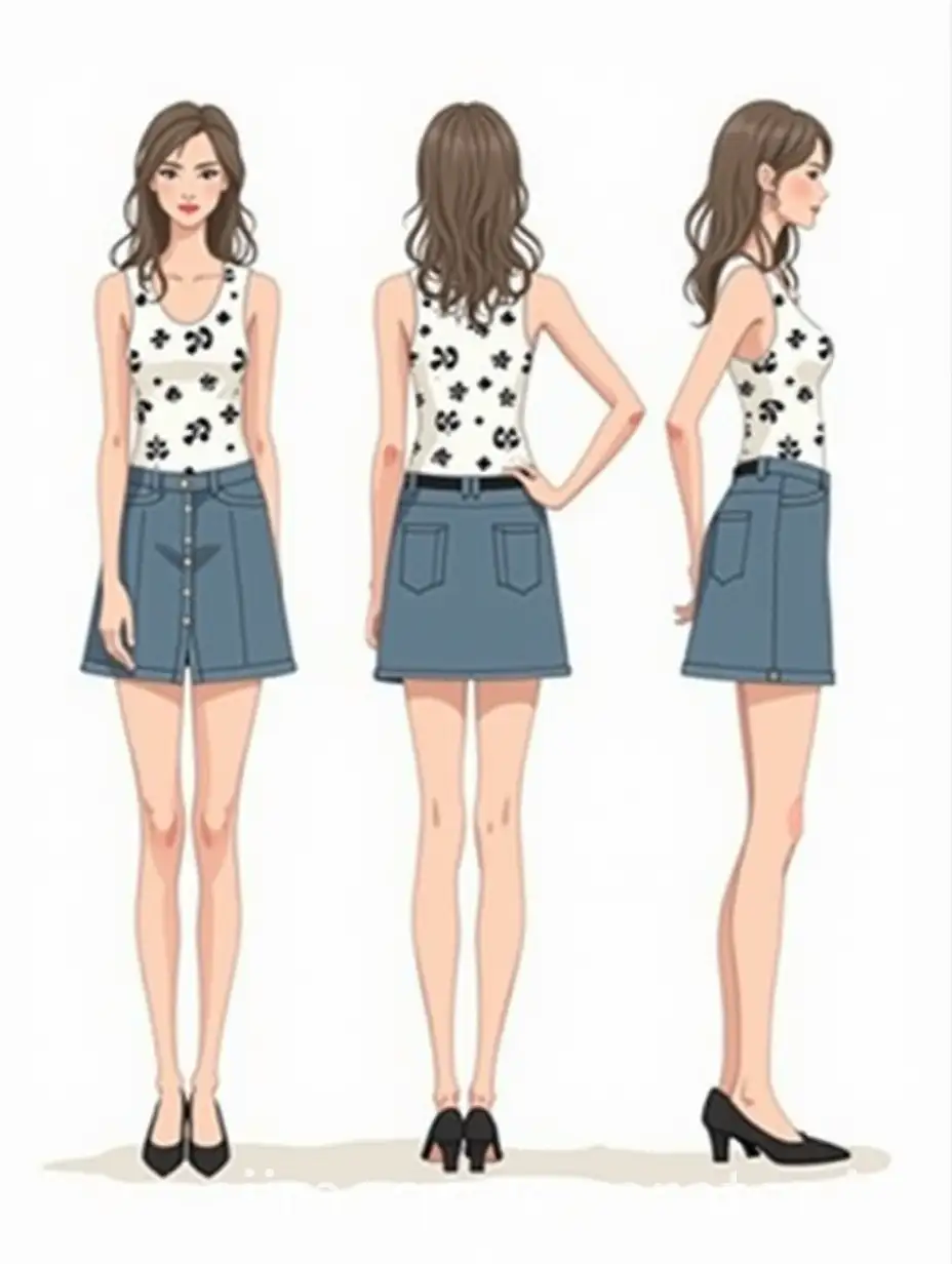 A stylized and illustrated figure is set against a minimalist white background, showcasing a cheerful outfit that includes a fitted sleeveless top with polka dots and a denim skirt. The figure is presented from multiple angles: front, side, and back, allowing for a complete view of the design. The sleeveless top is adorned with graffiti-style stars and many black GG letters on a white background, while the denim skirt has a casual flared cut that accentuates the figure's silhouette. The austere simplicity of the scene highlights the details of the garment, with soft shading suggesting a source of natural light that gives depth to the illustration. Overall, the composition conveys a modern and youthful vibe, ideal for casual summer outings.