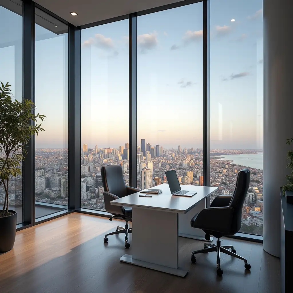 You will create a picture of a office work overlooking the city of Tel Aviv