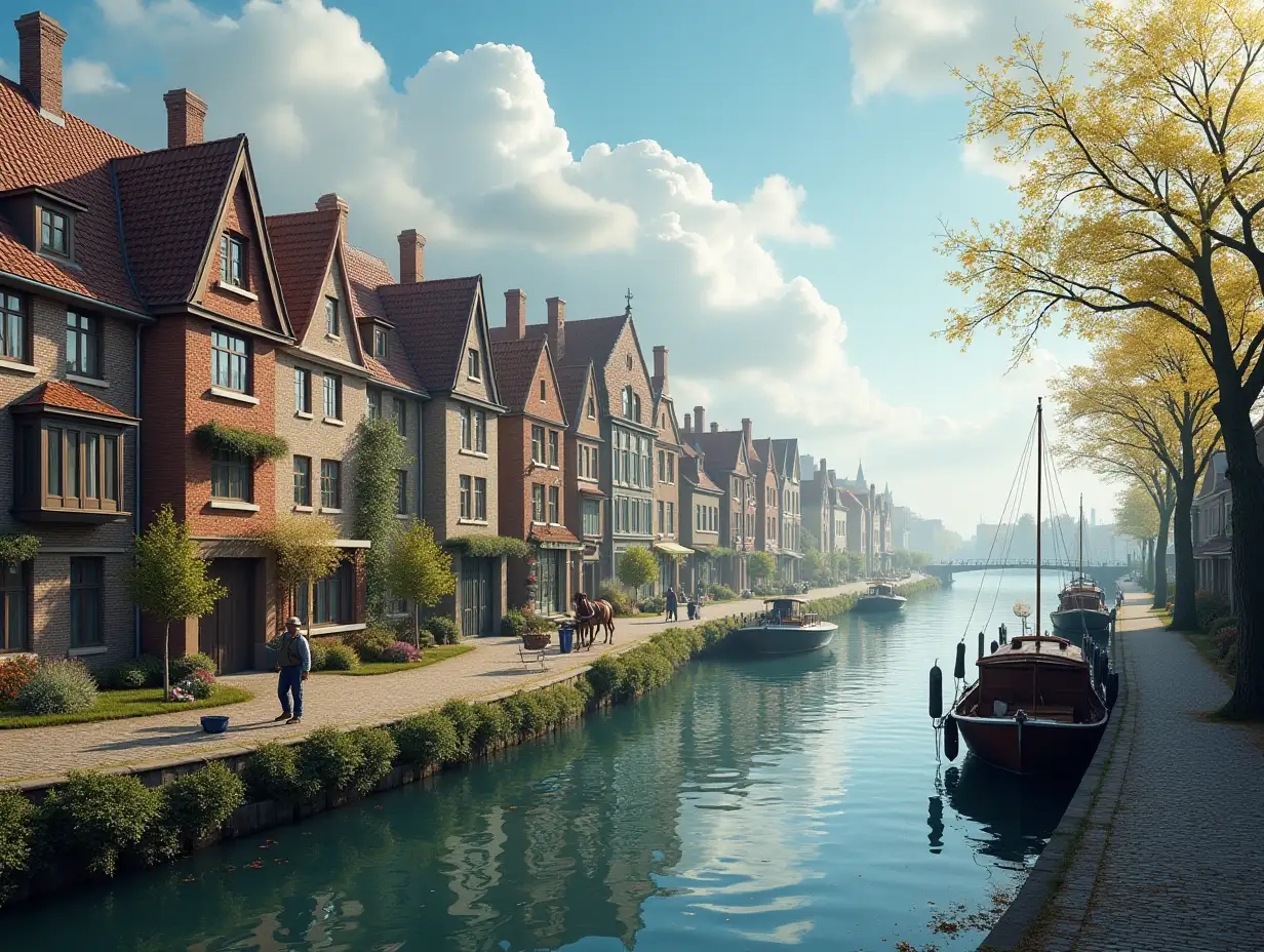 Dreamlike houses next to a river, with fishermen, fishing nets, fish baskets, carriage with horse, along the promenade and a small boat 4K resolution