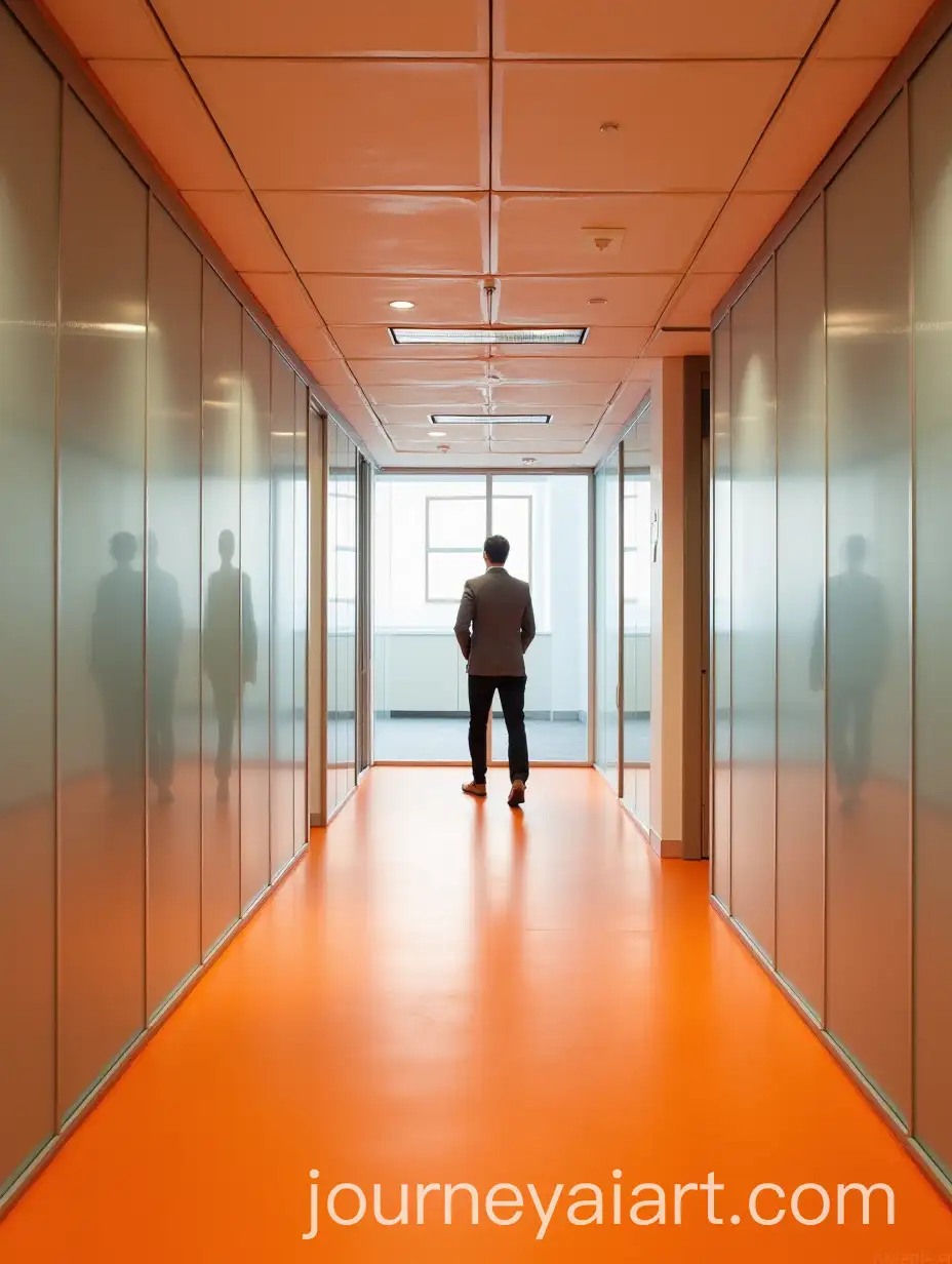Person-Walking-in-Corridor-with-Glass-Walls-and-Orange-Linoleum-Floor