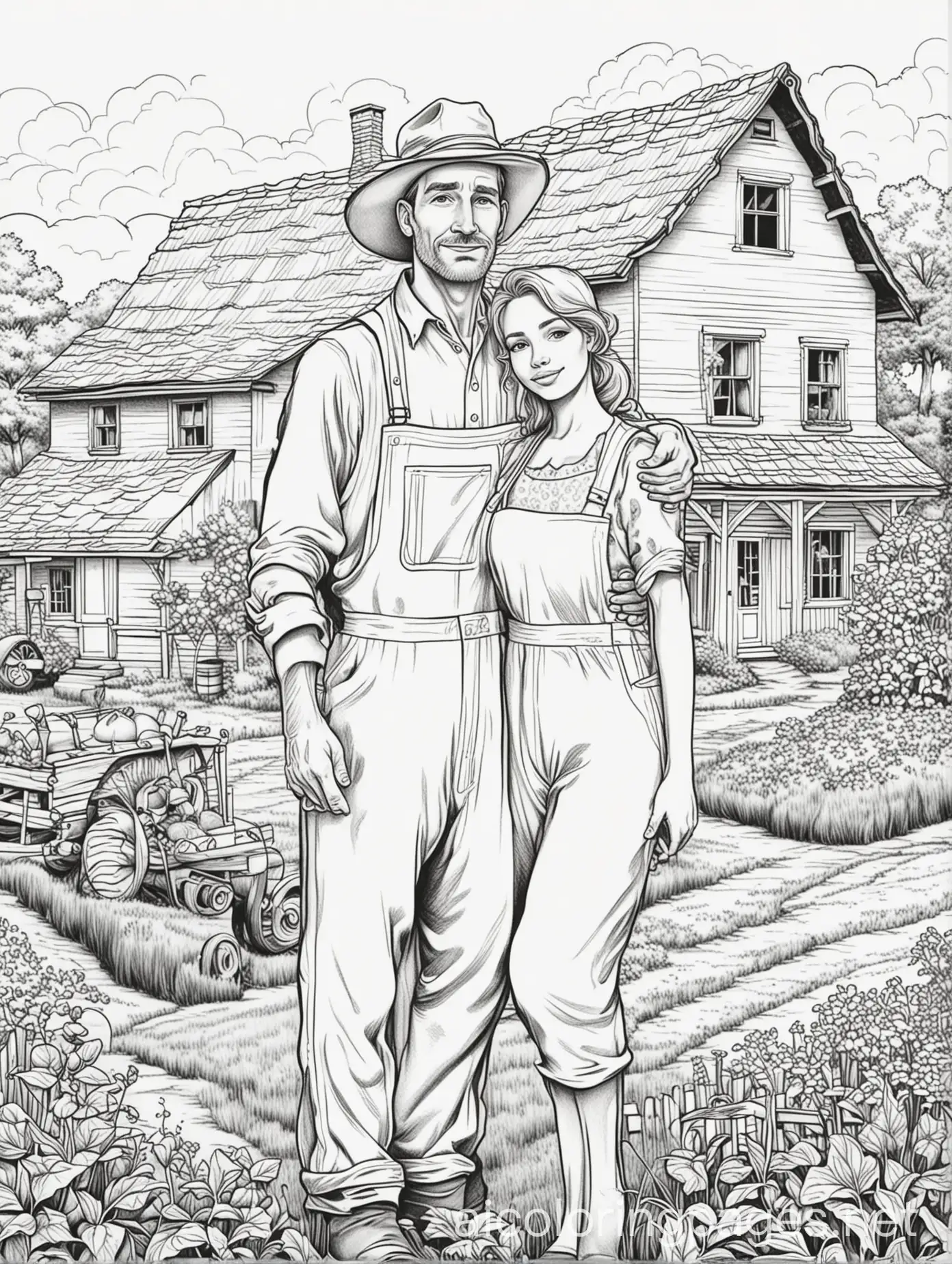 Farmer-and-His-Beautiful-Wife-in-Front-of-a-Farmhouse-Simple-Line-Art-Coloring-Page