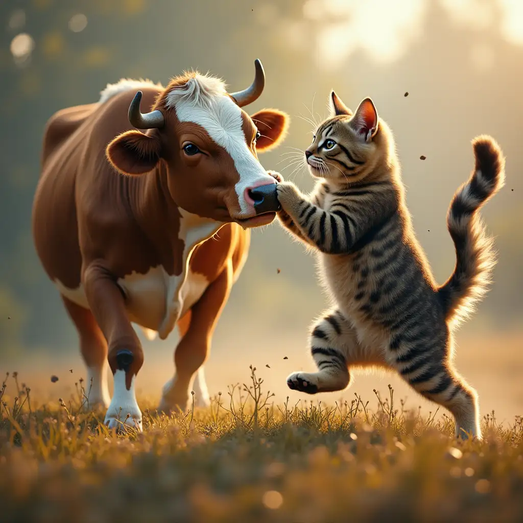 Cat and cow fighting