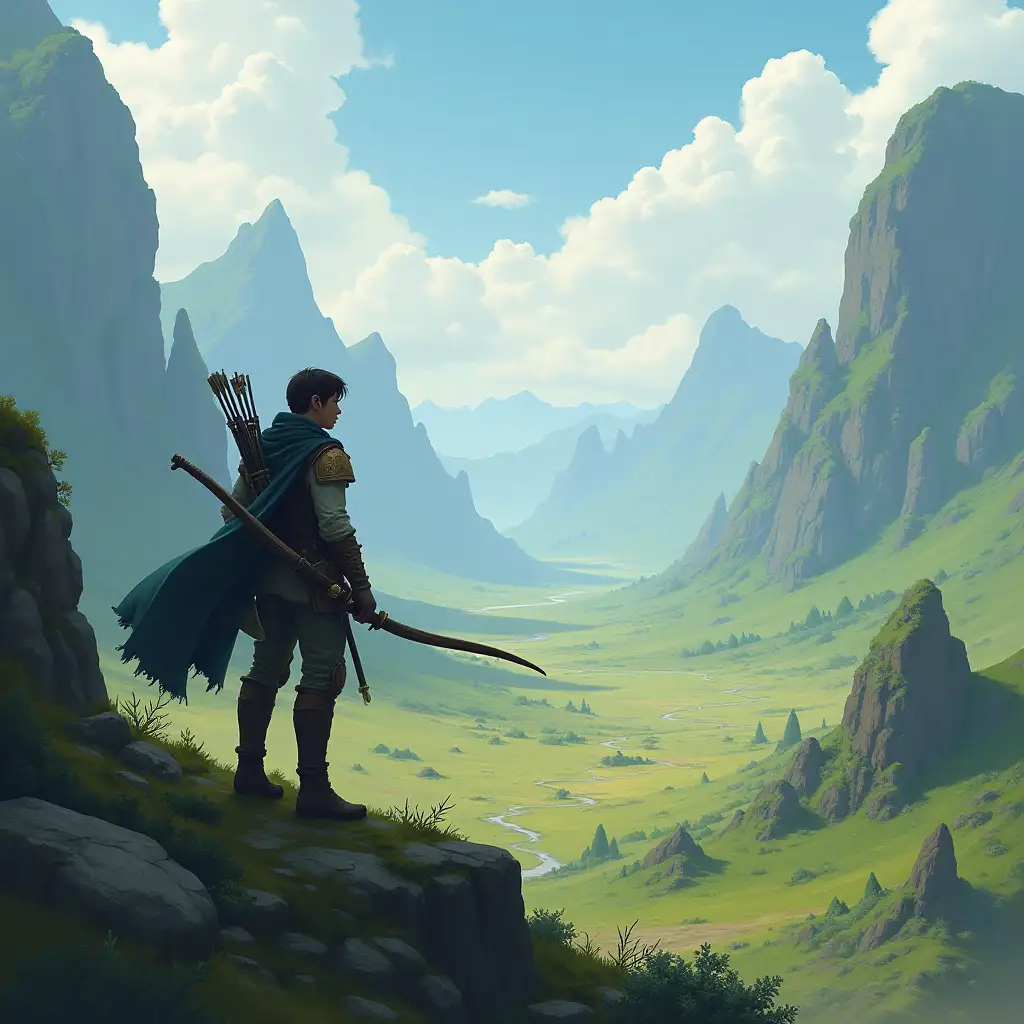 Artwork representing a character exploring vast wildernesses. He has a bow on his back, a sword at his hip and he has a cape. Realistic fantasy world. Faraway camera to see the character as very small exploring the vast world.