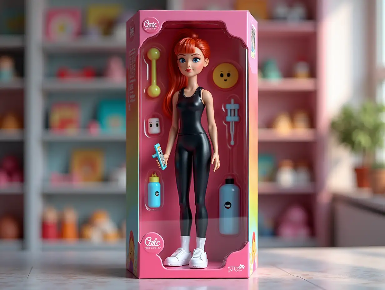 Use my photo and create a photorealistic collector's figure of a person in the photo. The figure should be full size and fit into a transparent plastic box with a colorful cardboard background, like real collectible toys. Make the packaging as realistic as possible - shiny plastic, sections for items and design in the style of a toy store. On the box, write the Sonya brand, did you see?. The packaging will have an atmosphere: natural pastel shades.nnPlace accessories next to the figure: dumbbell, jump rope, water bottle.nnMake the figure in the Bratz style. Smooth out the features of the face, make it cute with small plump lips and blue eyes. The doll is dressed in a black jumpsuit and black leggings, white sneakers and white socks. She has red hair, gathered in a ponytail. In her hands she holds a phone.