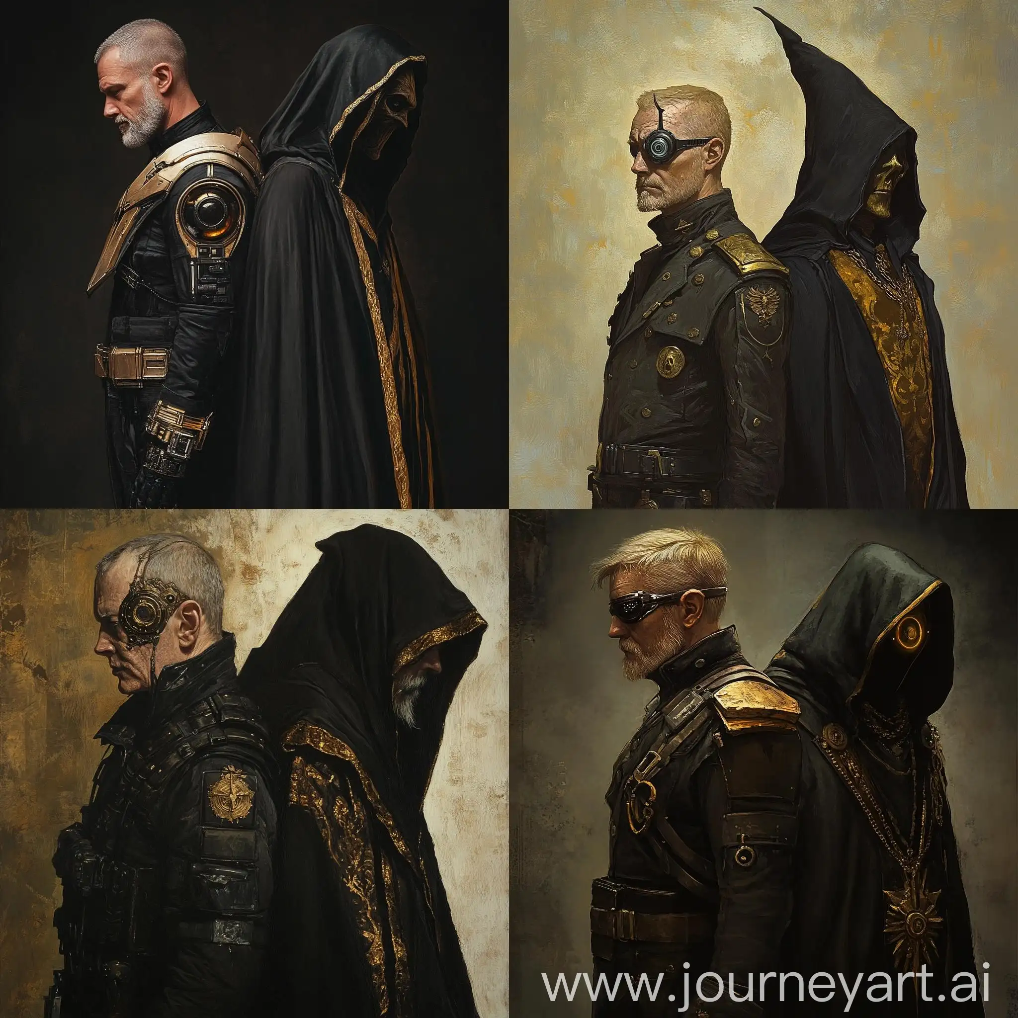 Cybernetic-Military-Man-and-Faceless-Wizard-in-Black-and-Gold-Robe