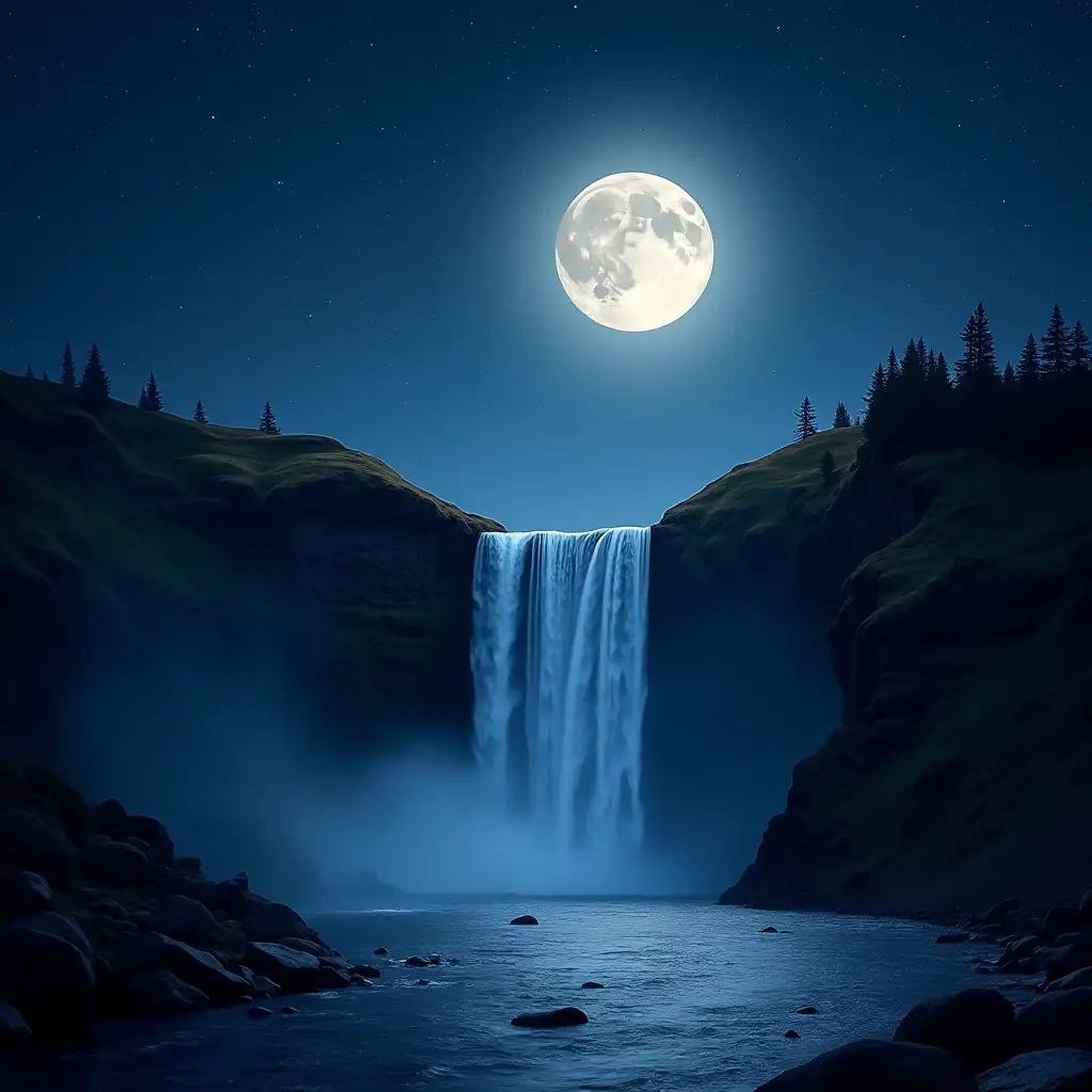 waterfall in night time with big moon and stars