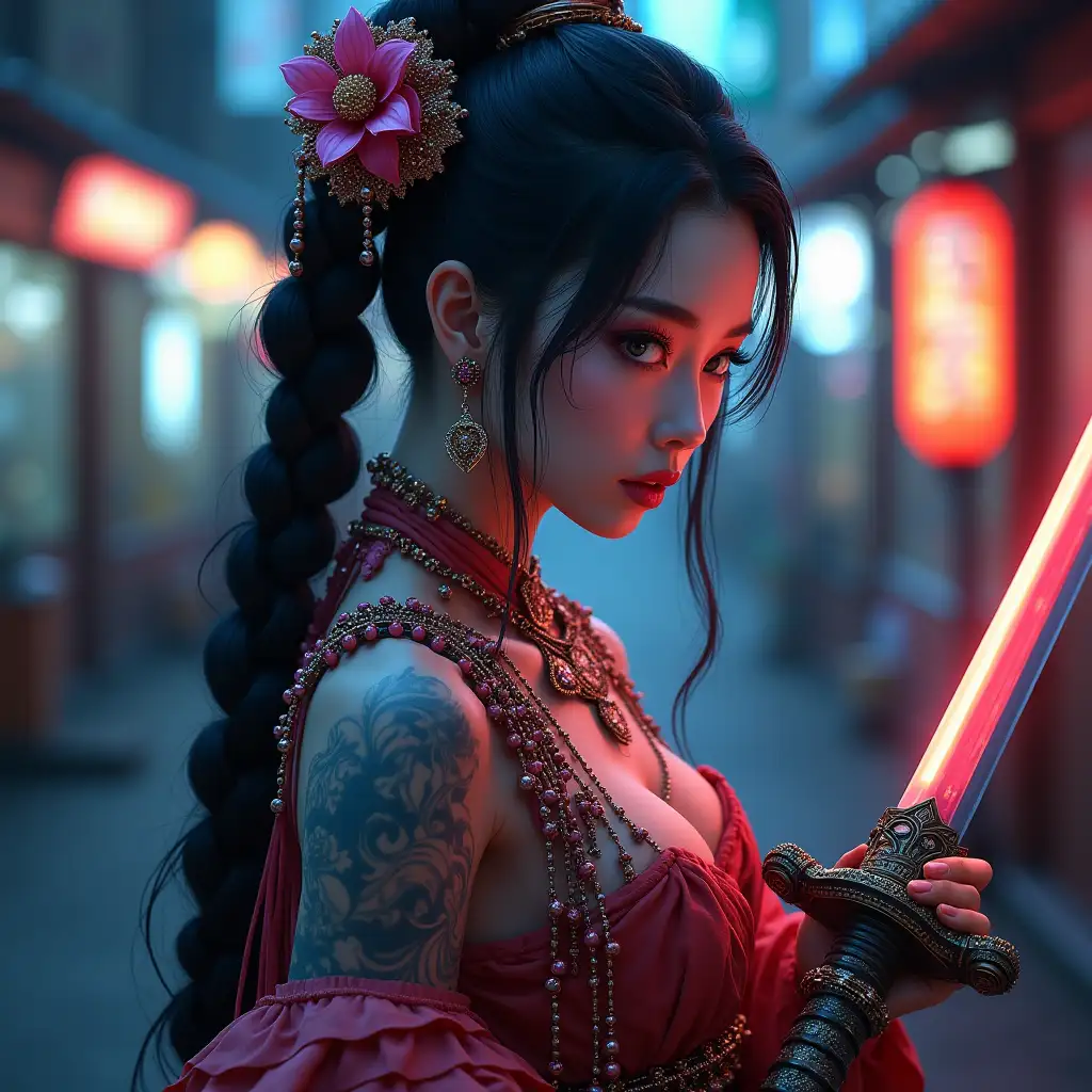 user_prompt: Hyperrealistic of a beautiful Japanese woman with henna tattoo, futuristic very long black braided hair with stiff holding a sakura sword in the hand that elaborately detailed, colorful and futuristic jewelry wears. Night light background  full body