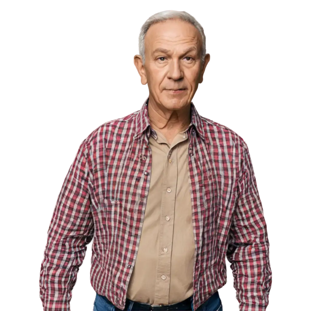 Photorealistic-PNG-Portrait-of-a-65YearOld-Mysterious-European-Man-in-Checkered-Shirt