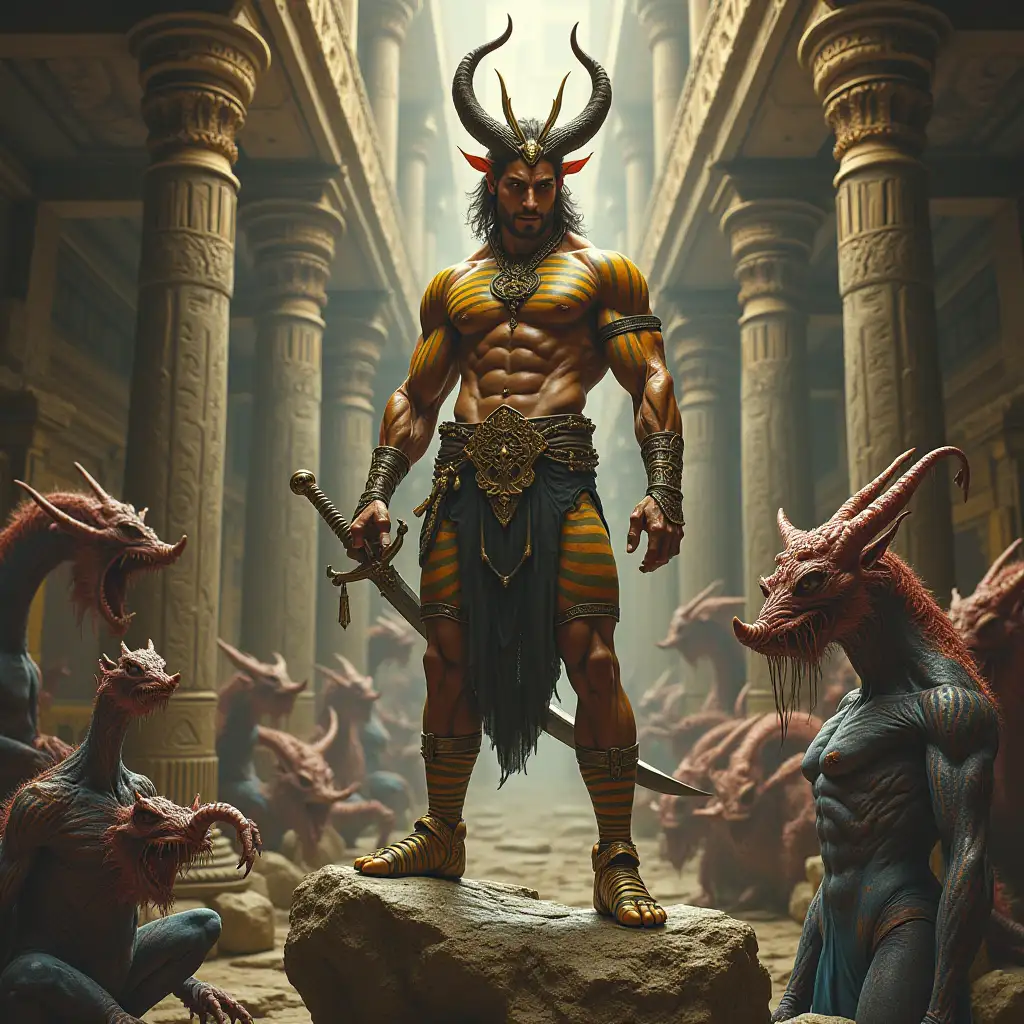 Ultra-detailed hyperrealistic portrait of a gold striped bodybuilder with horns, standing with a sword on a rock in a palace with various strange, intricately detailed, colorful creatures